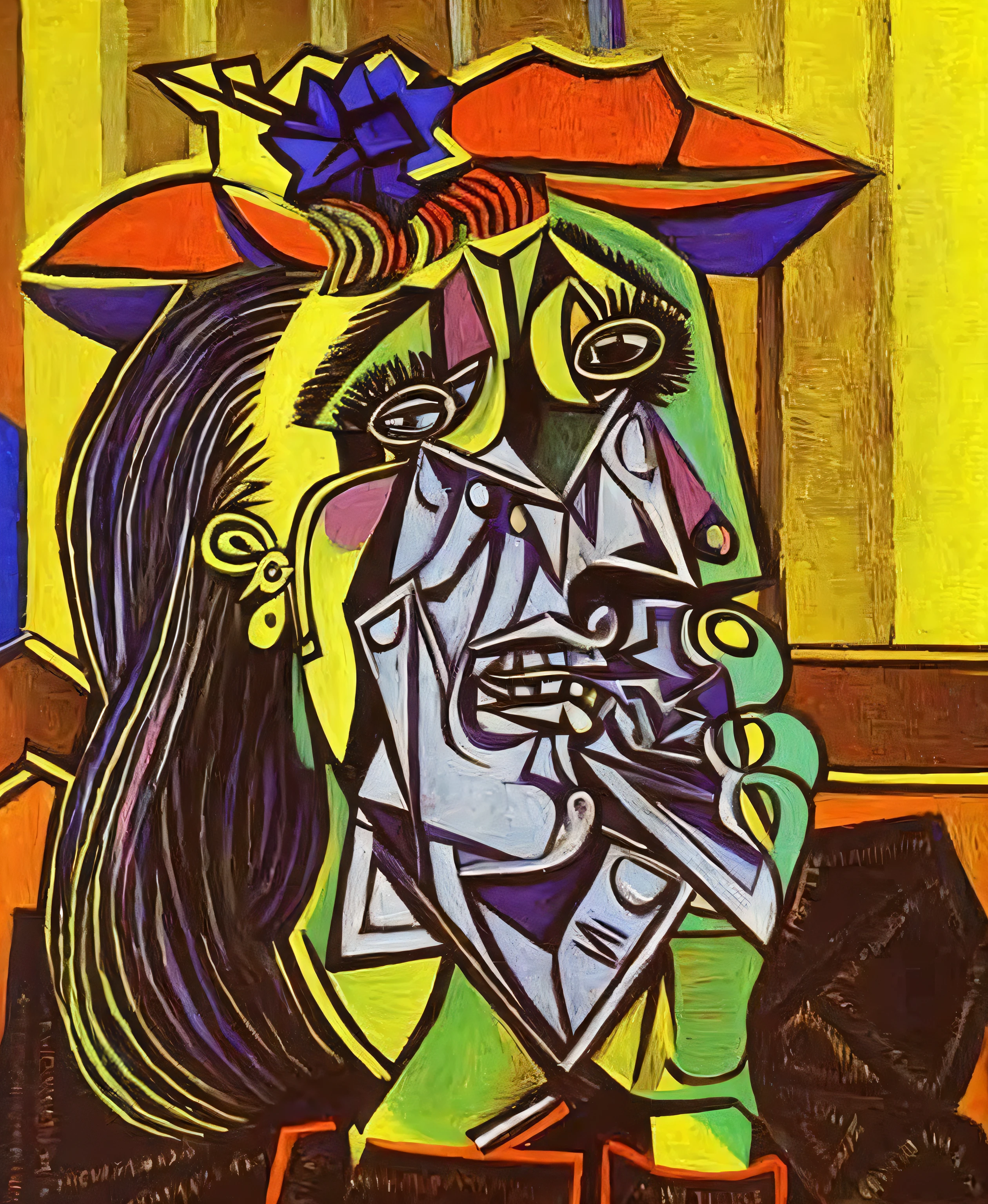 a painting of a woman with a hat and a cigarette, by Pablo Picasso, by Picasso, pablo picasso painting, cubist picasso, woman crying, style of picasso, picasso masterpiece, similar aesthetics to picasso, picasso style, neo expressionism art, inspired by Pablo Picasso, cubism, portrait of a crying ai artist, crying! android! woman, sad face, painted on a canvas cloth with fine brush movements up and down