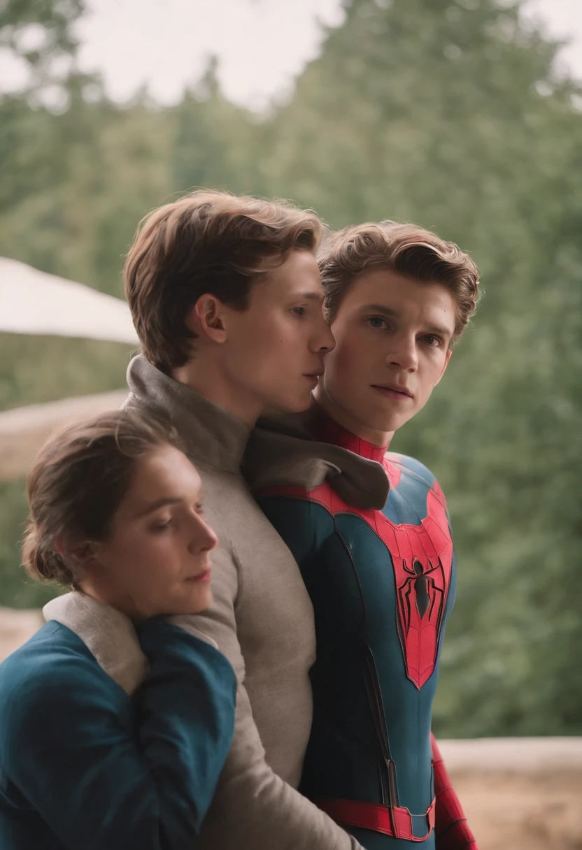 Realistic picture of Tom holland the actor in a spider man suit with a huge bulge while a very realistic Timothee chálemet stands behind home with left arm on Tom hollands throat with his right reaching around grabbing Tom hollands bulge as Timothee chálamet kisses tom holland