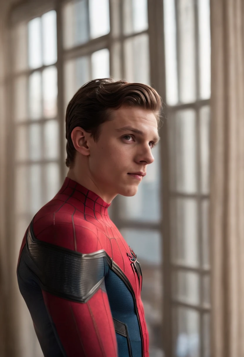 Realistic picture of Tom holland the actor in a spider man suit with a huge bulge while a very realistic Timothee chálemet stands behind home with left arm on Tom hollands throat with his right reaching around grabbing Tom hollands bulge as Timothee chálamet kisses tom holland