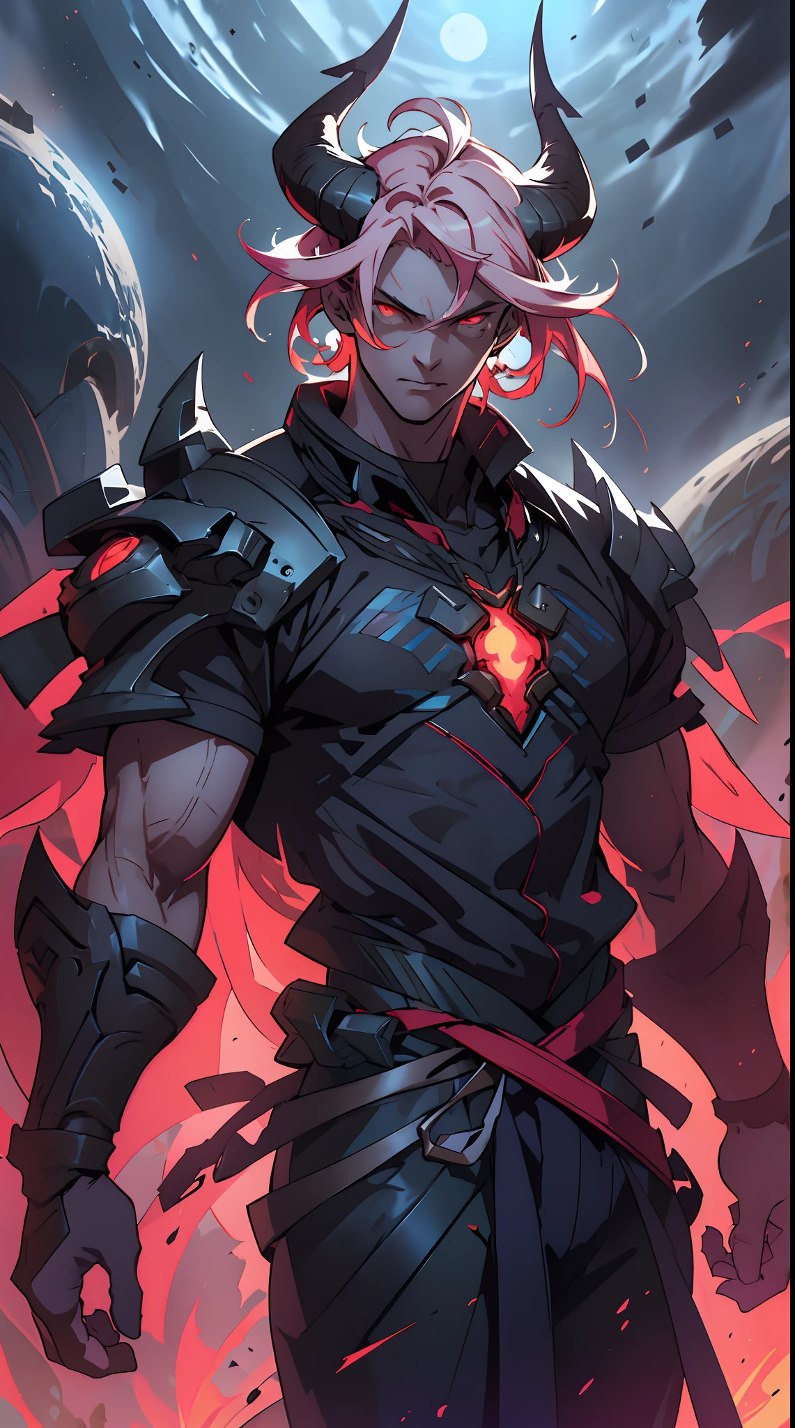 quadratic element,style of shonen anime artwork,The proportions are correct,Face details,highly detailed eyes,hairstyle,Neck details,clothes details,getting ready to fight,short sleeves,Game quality,Light and shadow tracking,Ray traching,detailed glow,cg render,(juvenile sense),Clothing is complicated, Perfectcomposition,Refinement,high qulity,higher details,Lots of details, dark planet in the background, The background is complex, a sense of atmosphere, ((anime))((colorful)), 8k, ((masterpiece)), HDR, highly detailed, vaines poping out, professiona,cloudstick, a dark god like being, horns, red eyes, flying in on a dark planet