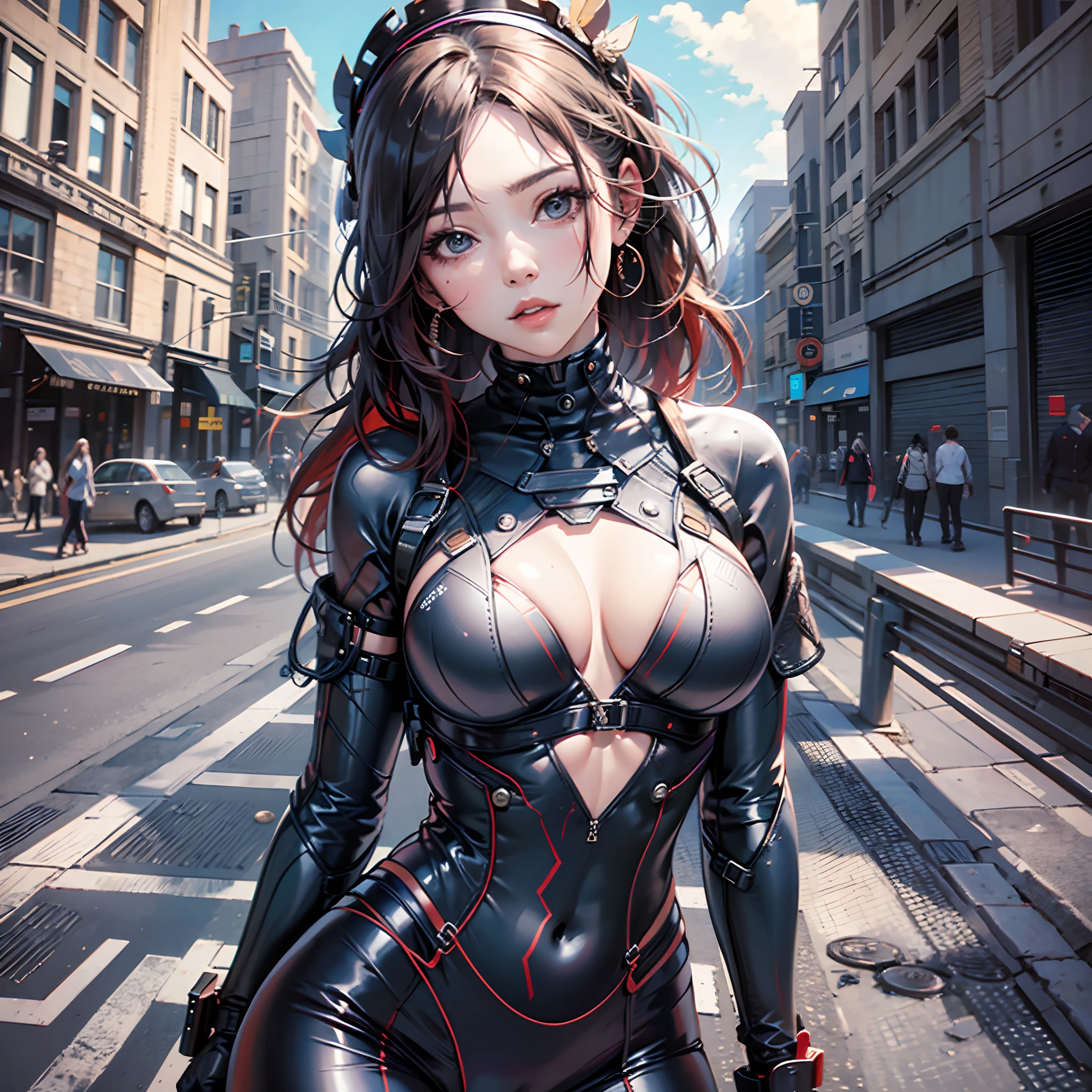 a girl with a tight suit, deep cleavage --auto --s2