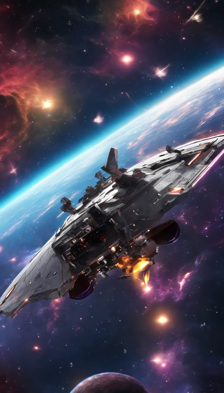 (Best quality,Ultra-detailed,Realistic:1.37)，A space fighter shuttles through the stars，Countless auroras and missiles flew by，Countless steel fragments float in space，Artillery fire was rampant，Colorful starry sky，large panorama，ultra-wide-angle，Realisticstyle，