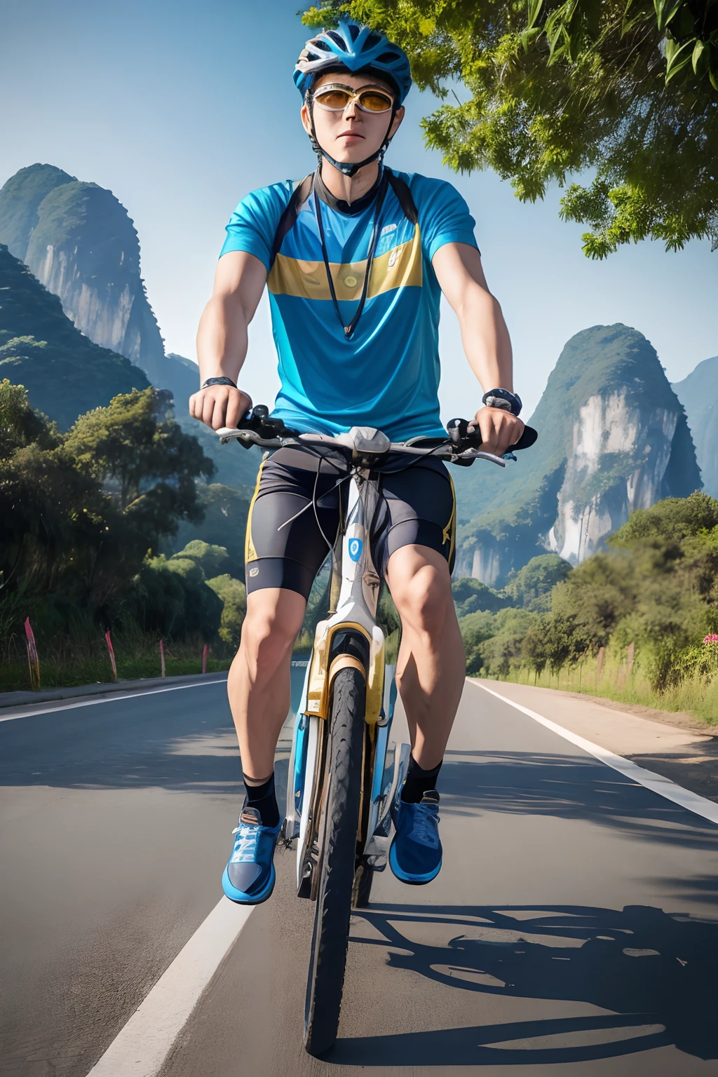 A 25-year-old boy,Wear gold-rimmed glasses, Cycle between Guilin's landscapes, blue-sky.