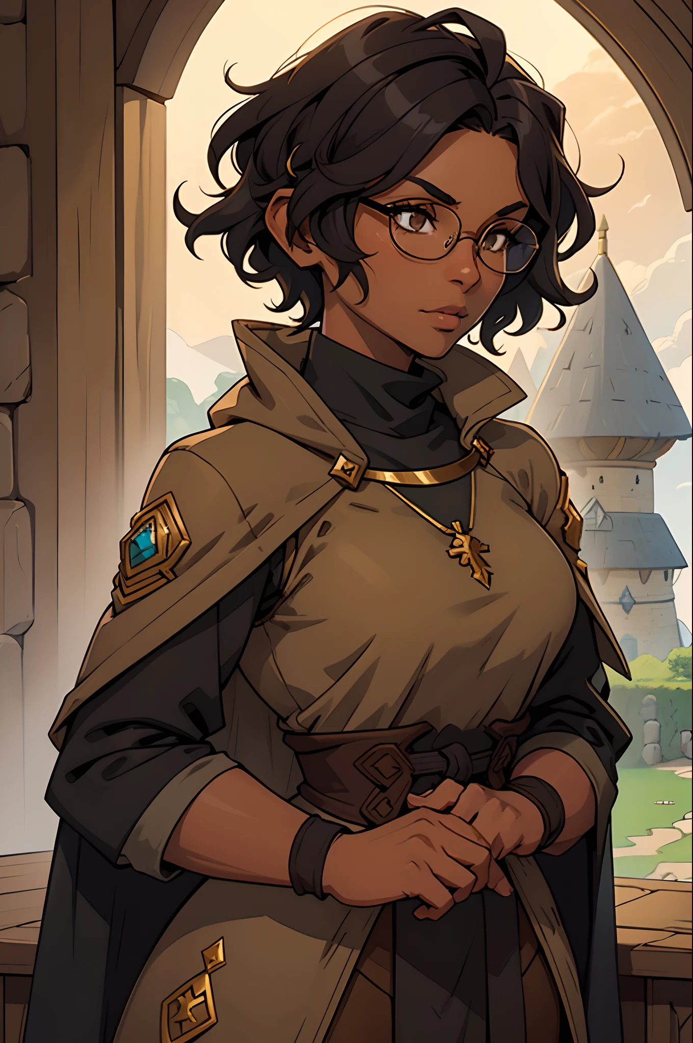 Solo, female, turtleneck tunic, cloak, fantasy outfit, fantasy village, short hair, wavy hair, messy hair, ((dark tan skin)), glasses, cleric, cropped jacket, athletic, slightmuscle