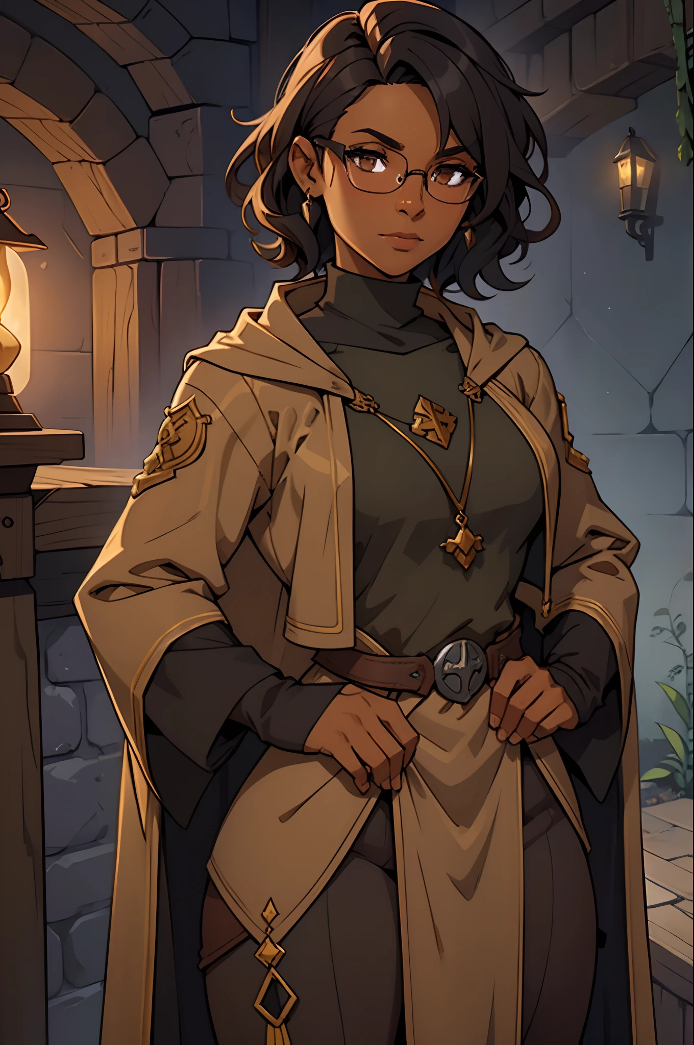 Solo, female, turtleneck tunic, cloak, fantasy outfit, fantasy village, short hair, wavy hair, messy hair, ((dark tan skin)), glasses, cleric, cropped jacket, athletic, slightmuscle