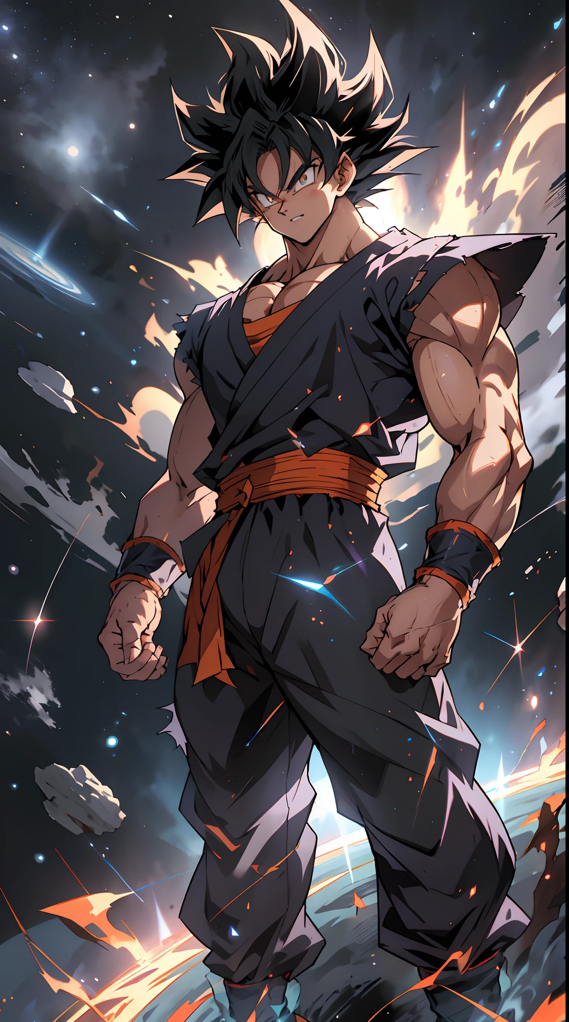 quadratic element,style of shonen anime artwork,son goku ,The proportions are correct,Face details,highly detailed eyes,hairstyle,Neck details,clothes details,getting ready to fight,short sleeves,Game quality,Light and shadow tracking,Ray traching,detailed glow,cg render,hair detail,Handsome,Handsome,（juvenile sense）,Clothing is complicated, Perfectcomposition,Refinement,high qulity,higher details,Lots of details, cosmose in the background, The background is complex, a sense of atmosphere, happy looking, ((anime))((colorful)), 8k, ((masterpiece)), HDR, highly detailed, vaines poping out, professiona,cloudstick,goku,super saiyan, full body artwork, in space, (happy), (blackhair:1.2)