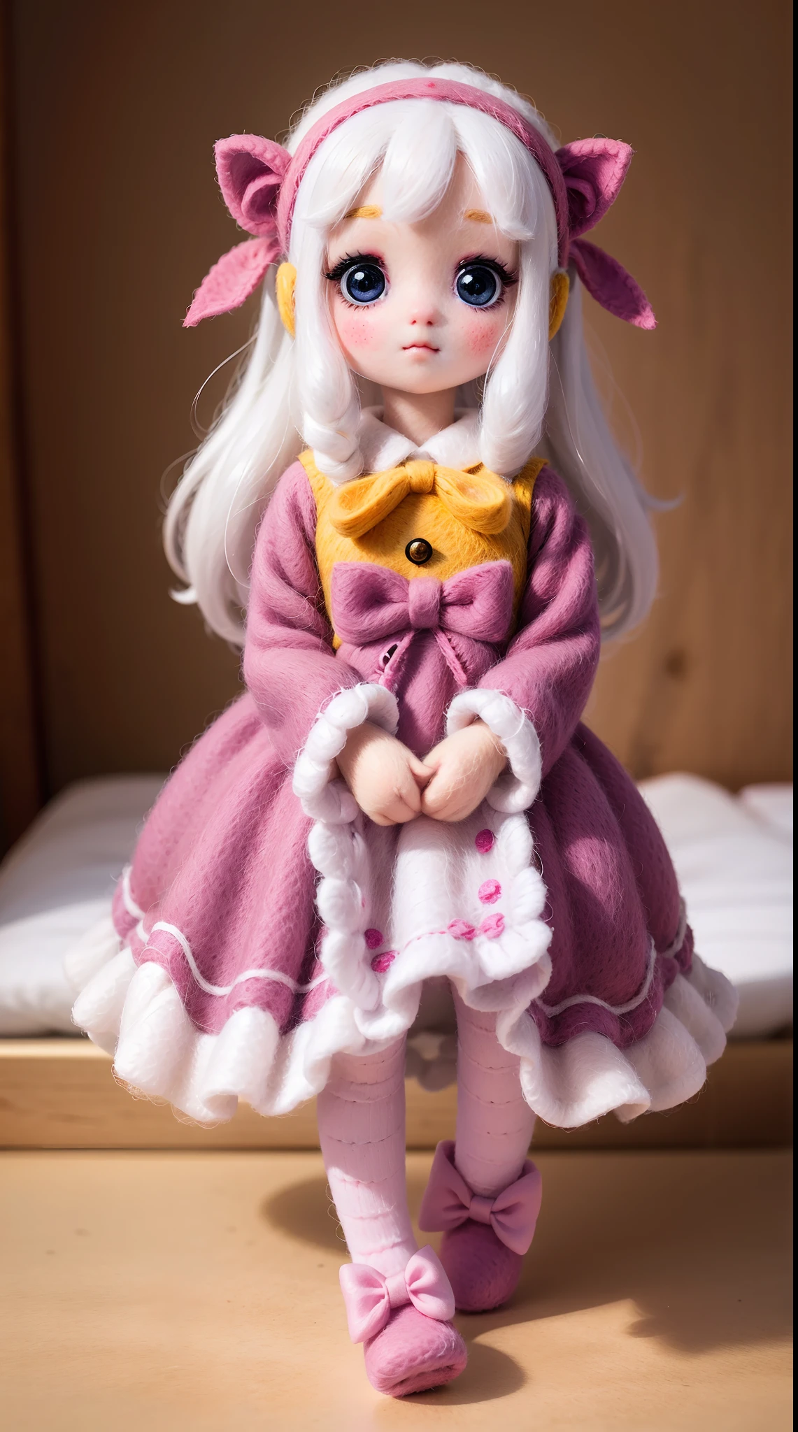 wool felt,Felt,plush ,adolable,Masterpiece, Best quality, Super detailed, illustration, Beautiful eyes, Close up, A girl. It is white hair, Pink bow, Yellow pajamas.