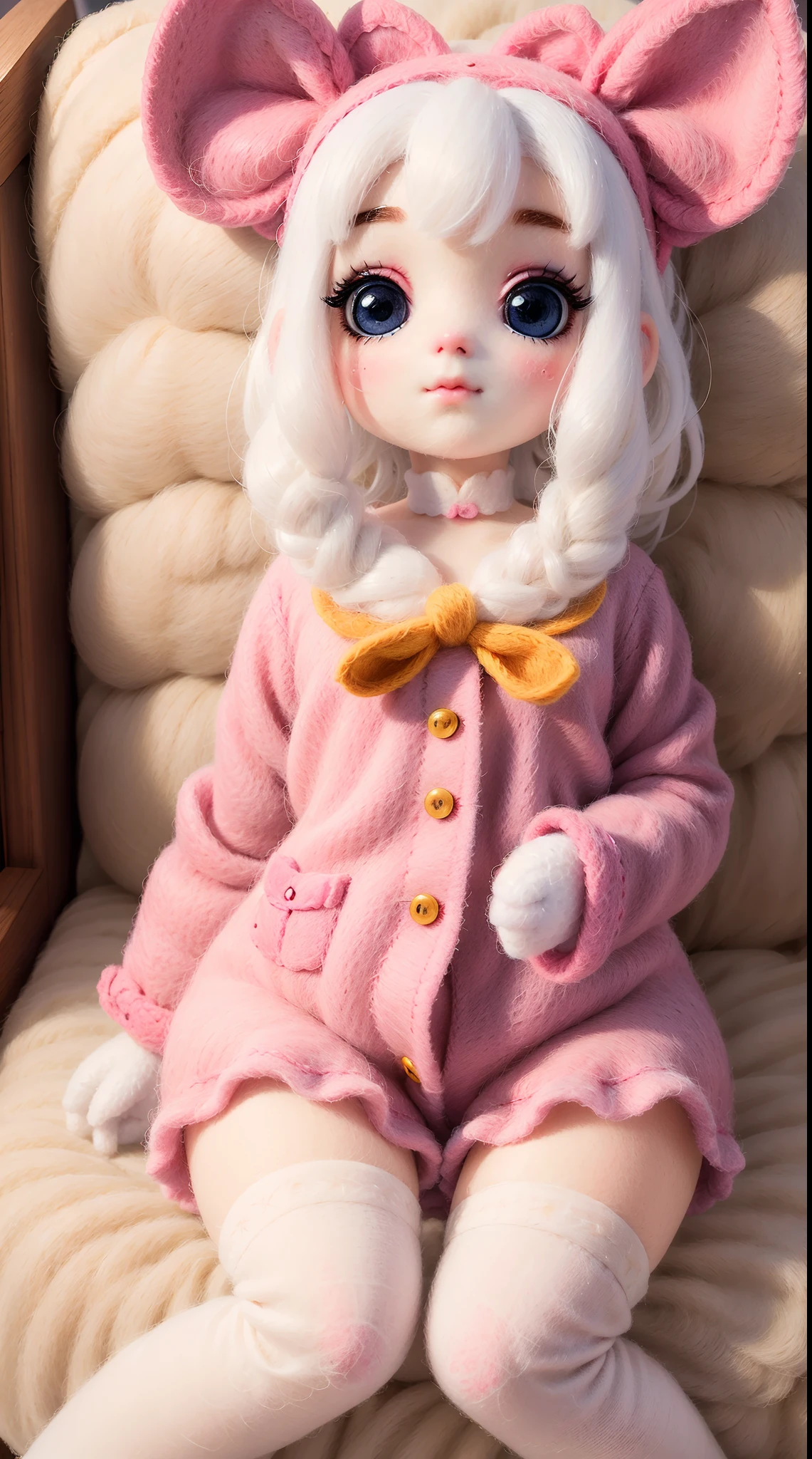 wool felt，Felt，plush ，adolable，Masterpiece, Best quality, Super detailed, illustration, Beautiful eyes, Close up, A girl. It is white hair, Pink bow, Yellow pajamas.