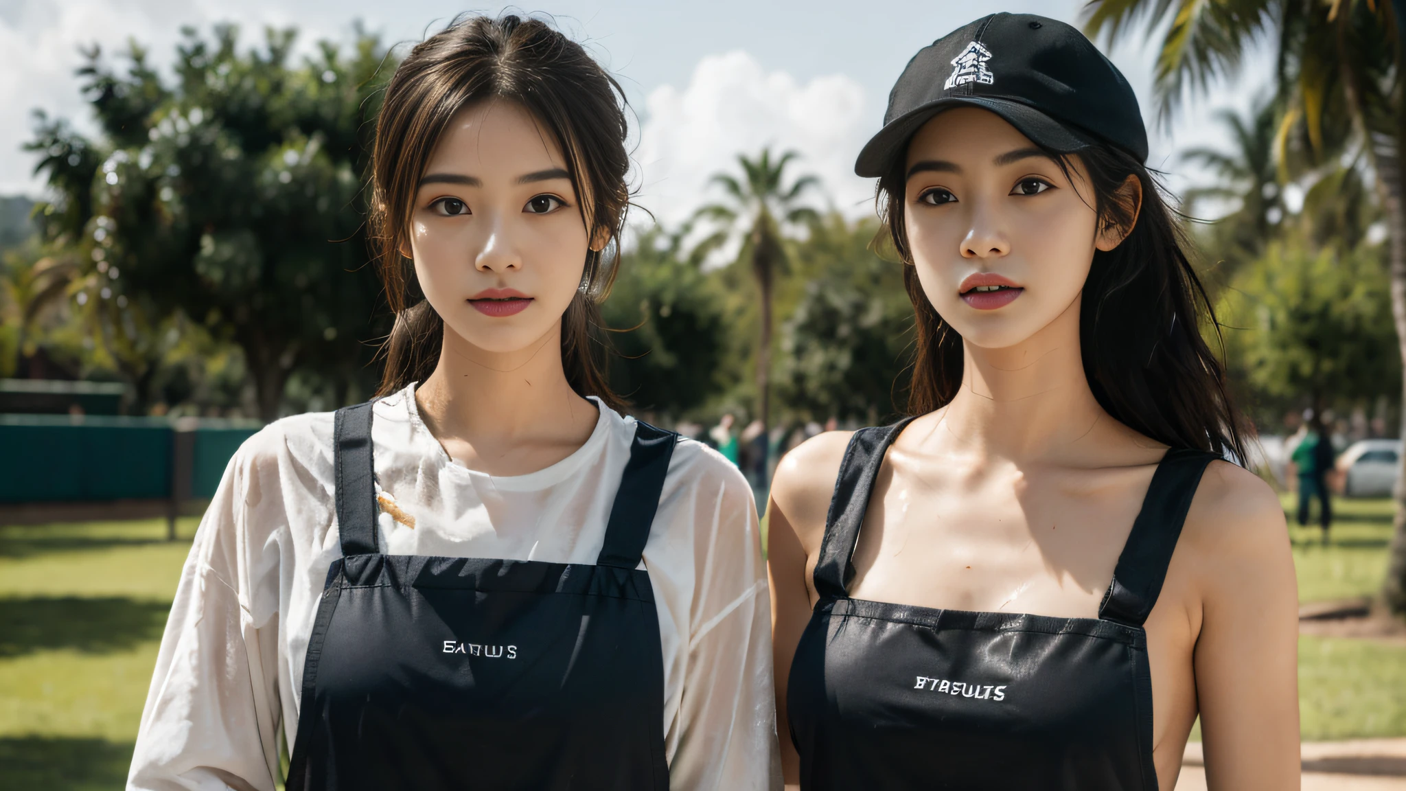 A girl in a Starbucks uniform makes coffee，（Do not expose palms）Wearing a baseball cap on his head，Clothes and skin are soaked all over，（wetclothes：1.8），Reflective skin，Sweaty skin，high high quality、tmasterpiece、Hyper-Resolution、barechested、NAKED Apron、wearing apron、full bodyesbian、