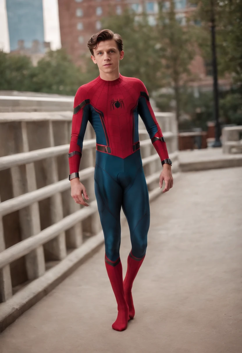 Realistic picture of Tom holland the actor in a spider man suit with a huge bulge