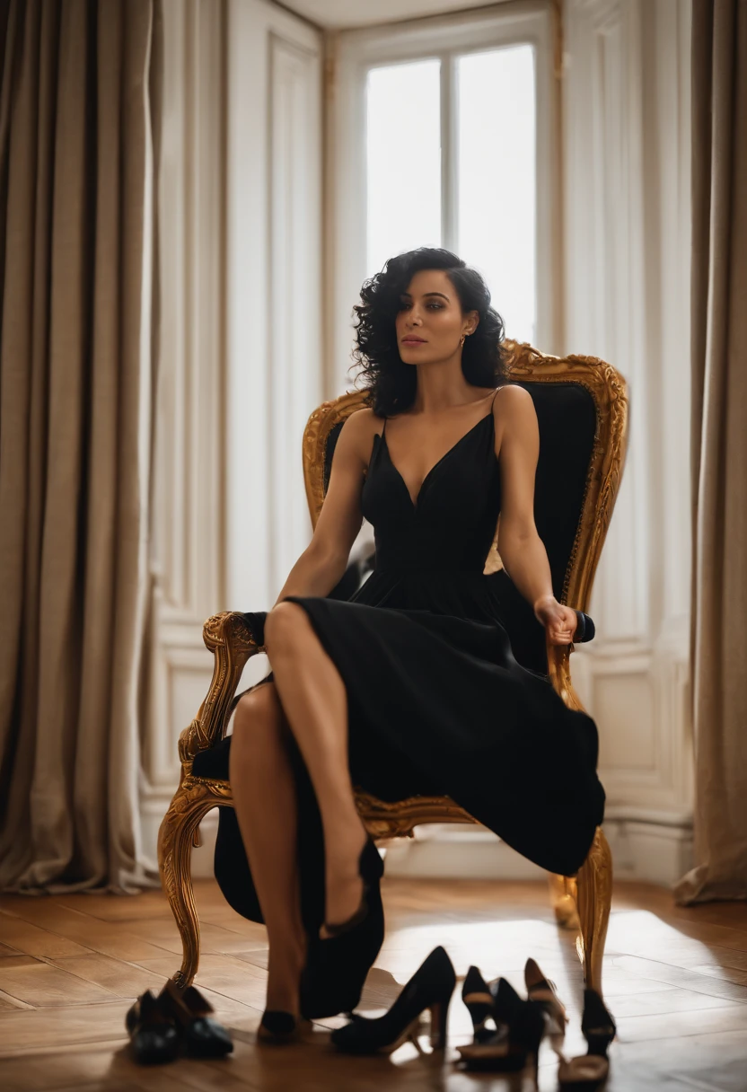 araffe sitting in a chair in a room with a lot of shoes on the floor, black hair, blck dress, sitting in french apartment, sitting in her room, paris hotel style, sitting in bedroom, sitting across the room, by Emma Andijewska, in her room, sitting at his louis xiv desk, by Lucette Barker, summer morning, sitting on the bed