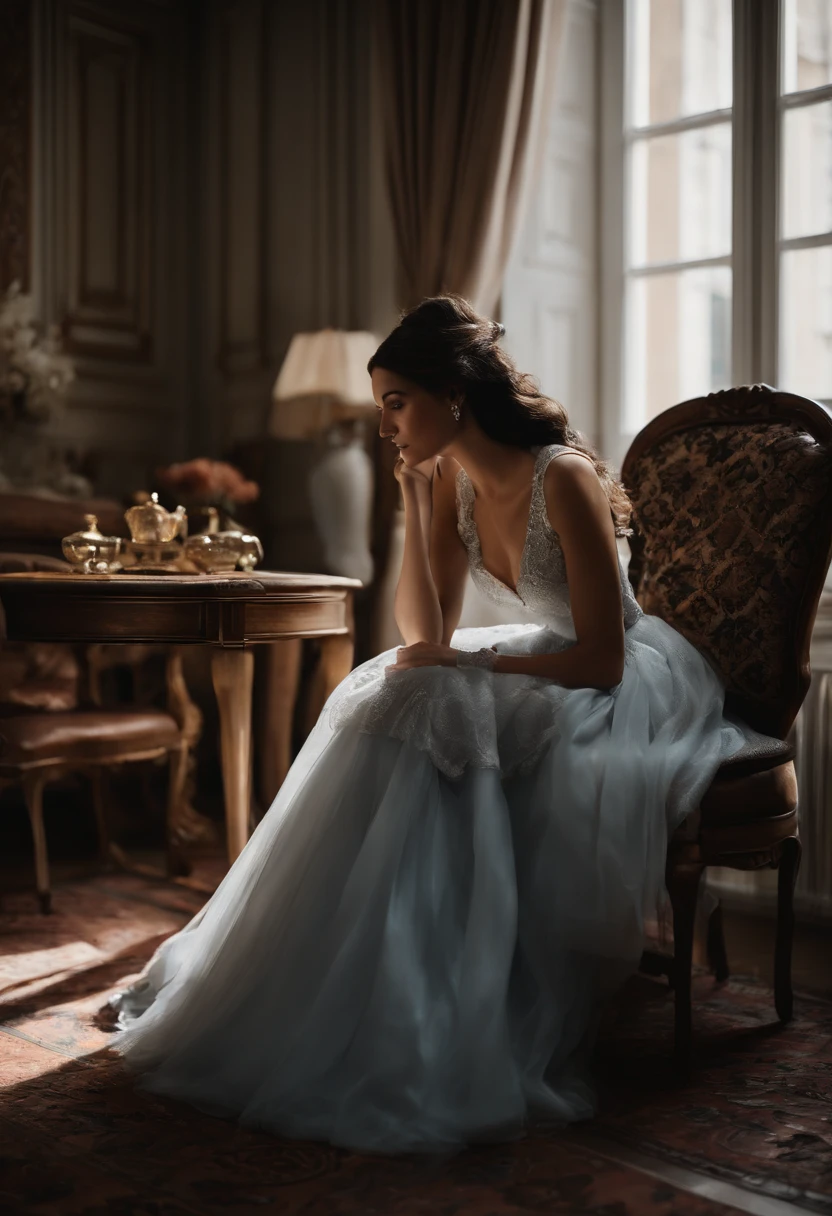 araffe sitting in a chair in a room with a lot of shoes on the floor, black hair, blck dress, sitting in french apartment, sitting in her room, paris hotel style, sitting in bedroom, sitting across the room, by Emma Andijewska, in her room, sitting at his louis xiv desk, by Lucette Barker, summer morning, sitting on the bed