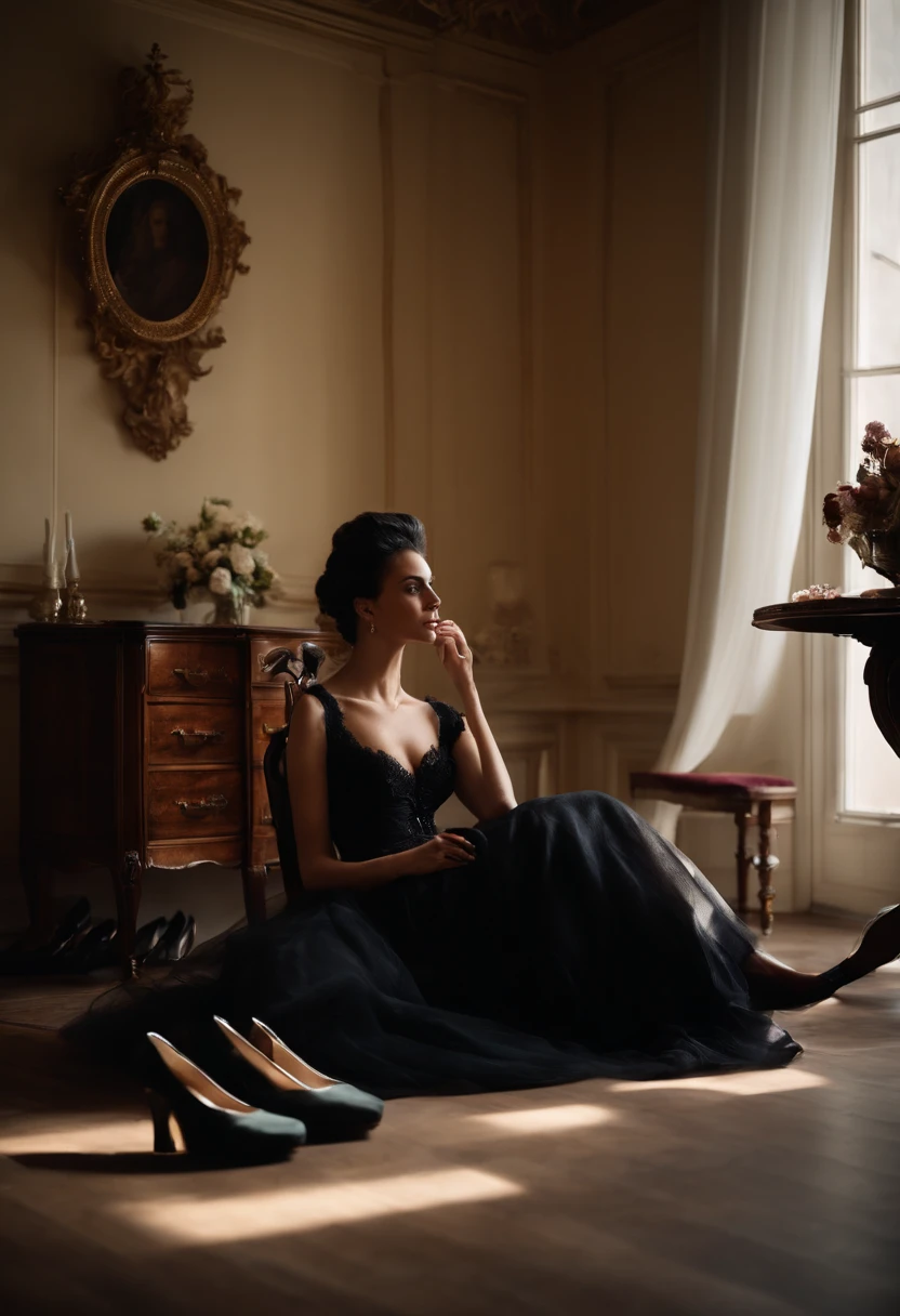 araffe sitting in a chair in a room with a lot of shoes on the floor, black hair, blck dress, sitting in french apartment, sitting in her room, paris hotel style, sitting in bedroom, sitting across the room, by Emma Andijewska, in her room, sitting at his louis xiv desk, by Lucette Barker, summer morning, sitting on the bed
