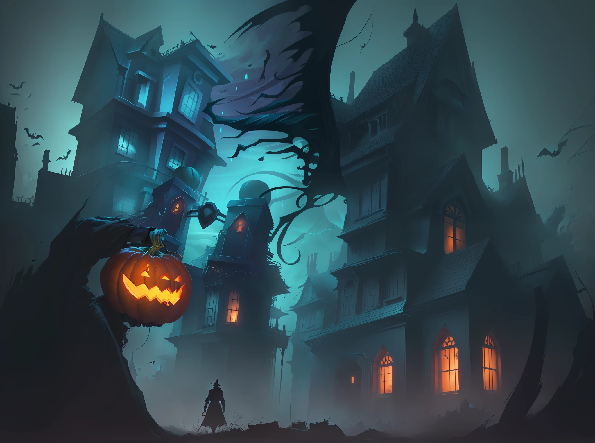 cartoonish style，Halloween background with a spooky pumpkin and a creepy house, background artwork, an ominous fantasy illustration, halloween art style, Stylized urban fantasy artwork, Stylized digital illustration, haunted background, Game illustration, Detailed digital 2D fantasy art, arte de fundo, spooky mansion, detailed game art illustration, Stylized concept art, halloween atmosphere, nightmarish illustrations, dark atmosphere illustration
