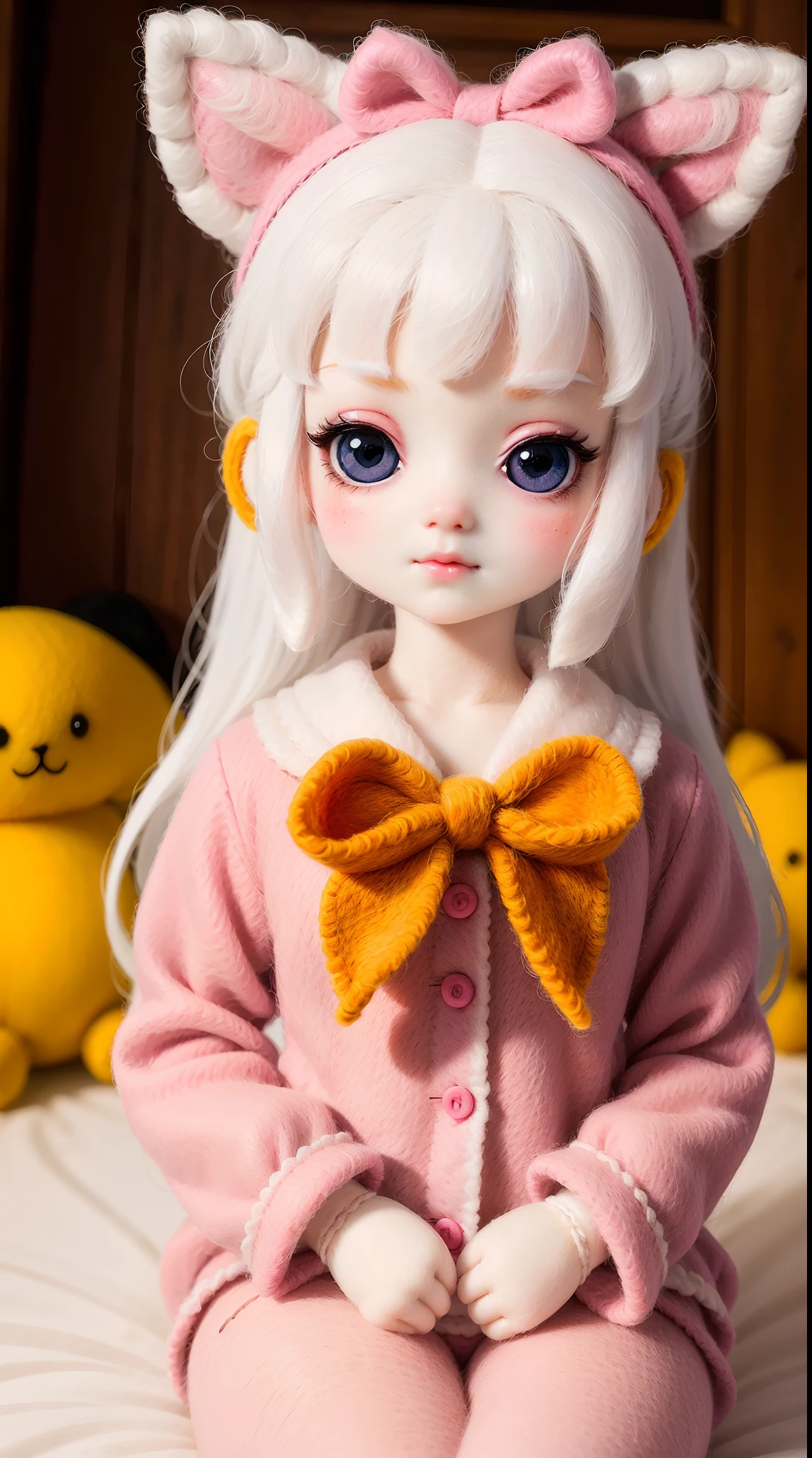 wool felt，Felt，plush ，adolable，Masterpiece, Best quality, Super detailed, illustration, Beautiful eyes, Close up, A girl. It is white hair, Pink bow, Yellow pajamas.