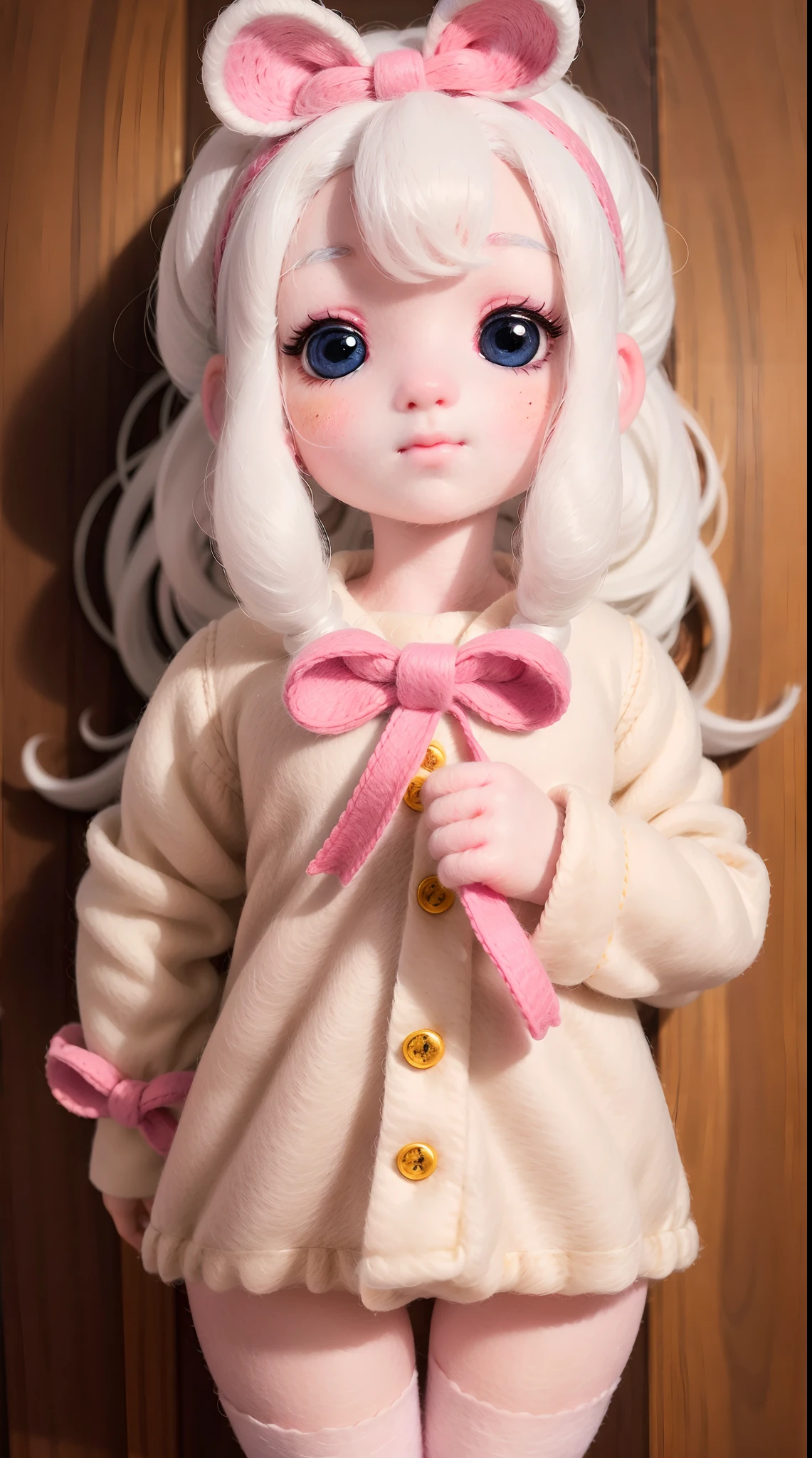 wool felt，Felt，plush ，adolable，Masterpiece, Best quality, Super detailed, illustration, Beautiful eyes, Close up, A girl. It is white hair, Pink bow, Yellow pajamas.