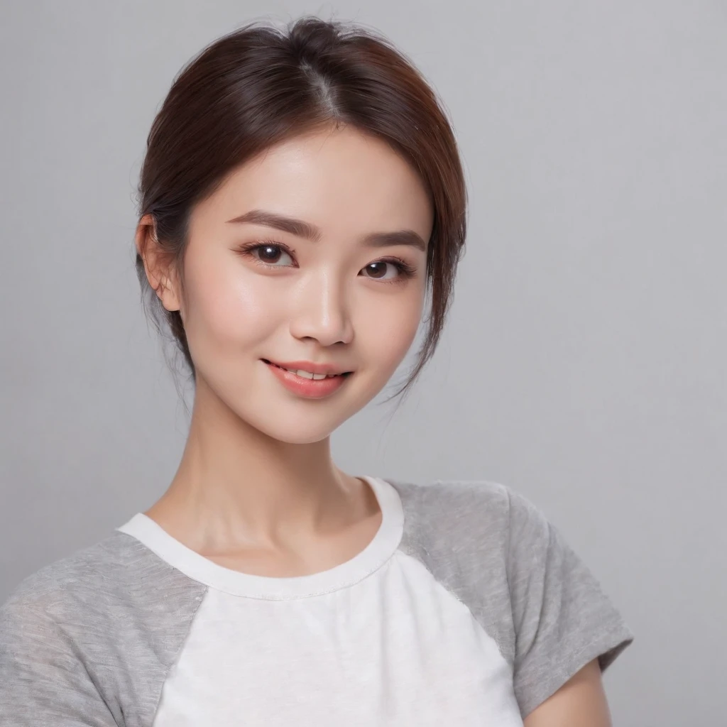 (Photo: 1.3) af (Real: 1.3), East Asian woman, soft light, clear face, front, ((white T-shirt)), cheerful, warm light, ((gray white gradient background)), smile, ( (Single color background)). ((gray wall background)) avatar, (short hair), beautiful, young, ((close-up))