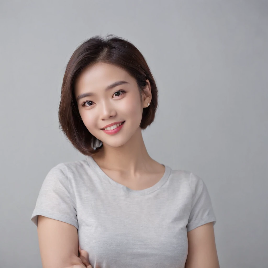 (Photo: 1.3) af (Real: 1.3), East Asian woman, soft light, clear face, front, ((white T-shirt)), cheerful, warm light, ((gray white gradient background)), smile, ( (Single color background)). ((gray wall background)) avatar, (short hair), beautiful, young, ((close-up))