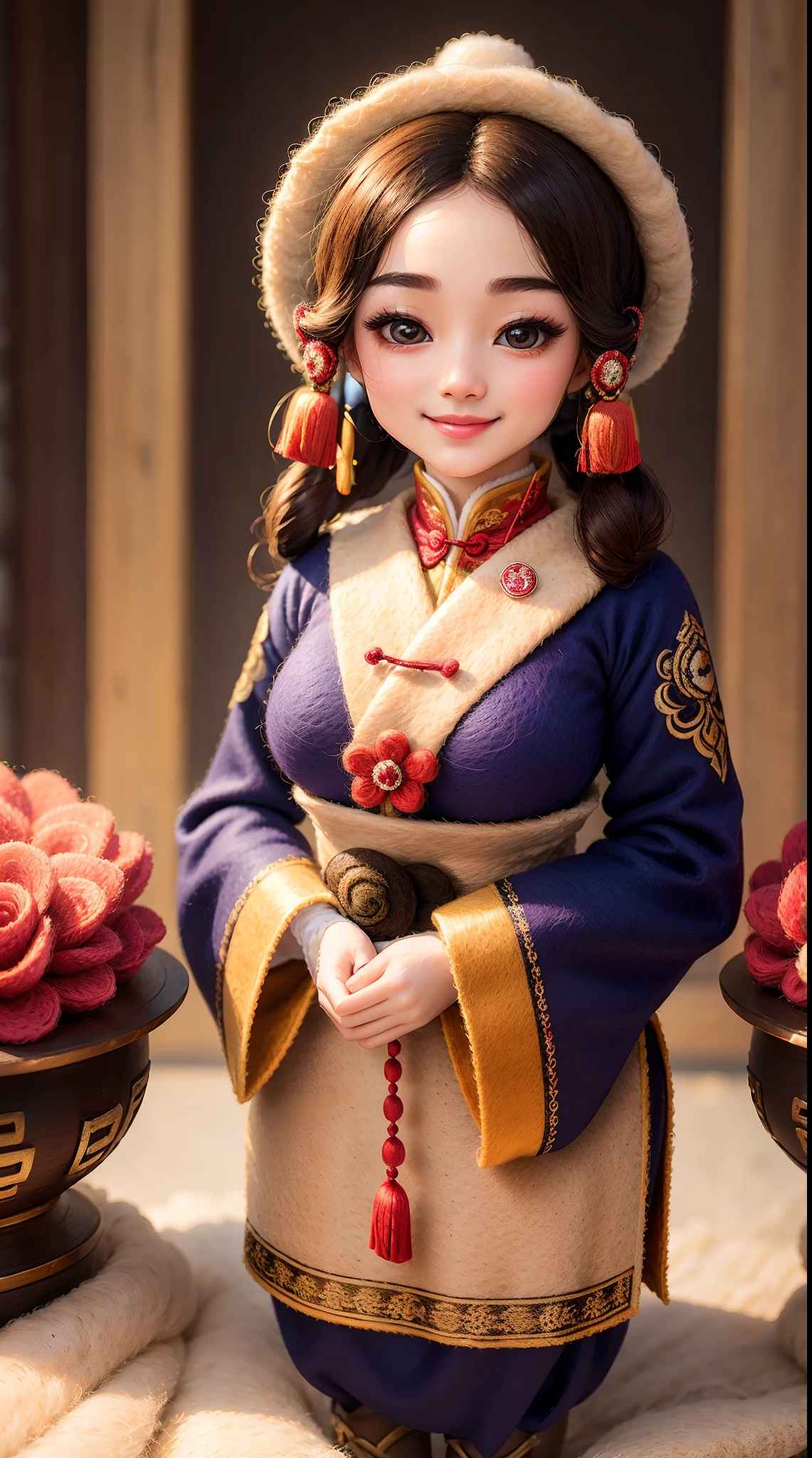 wool felt，felt，Plush ，adolable，Masterpiece, Best quality, Super detailed, illustration, 1 woman, 21 years old, Beautiful eyes, Close up, Smile, TRADITIONAL CHINESE COSTUMES,Wool felt dolls。