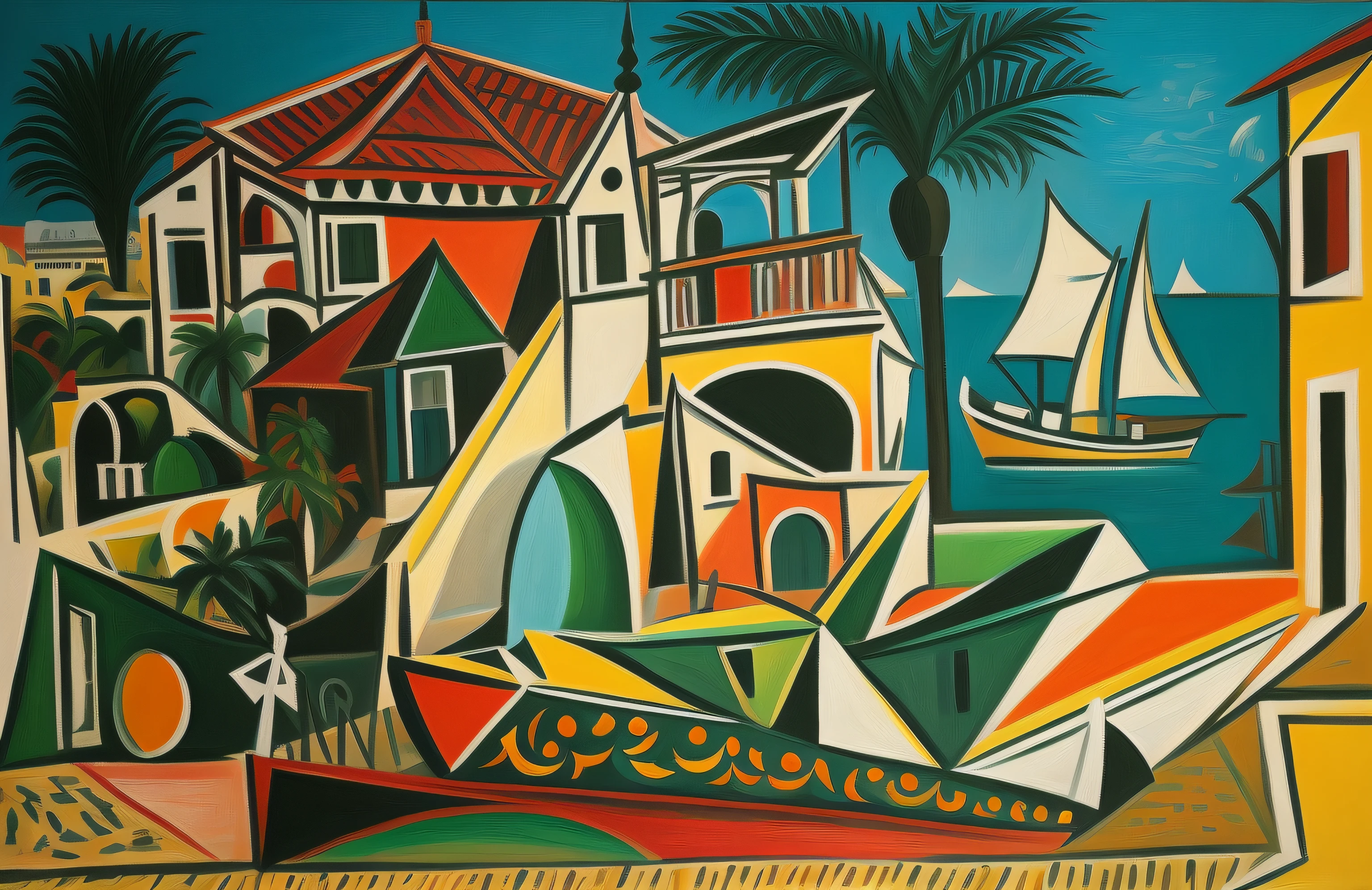 painting of a colorful city with a boat and palm trees, pablo picasso painting, picasso masterpiece, style of picasso, by Picasso, cubist picasso, by Pablo Picasso, a cubist painting, masterpiece', inspired by Pablo Picasso, inspired by Amadeo de Souza Cardoso, inspired by John Marin, by Amadeo de Souza Cardoso, masterpiece, painted on a canvas cloth with fine brush movements up and down