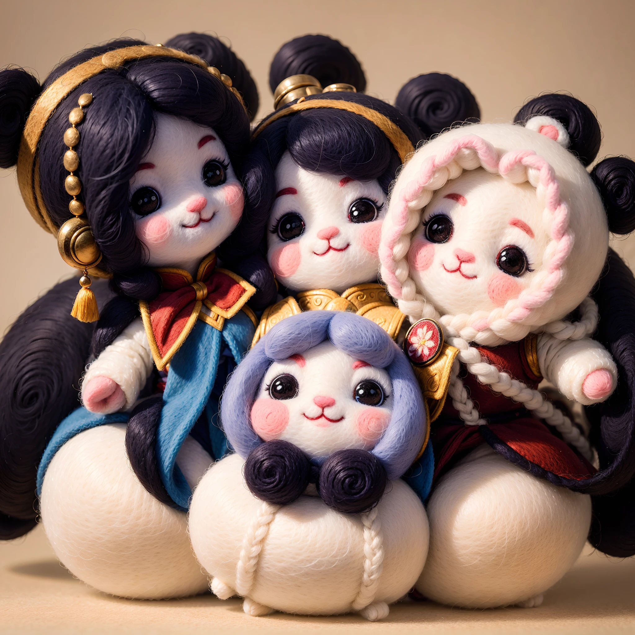 wool felt，felt，Plush ，adolable，Masterpiece, Best quality, Super detailed, illustration, 1 woman, 21 years old, Beautiful eyes, Close up, Smile, TRADITIONAL CHINESE COSTUMES,Wool felt dolls。