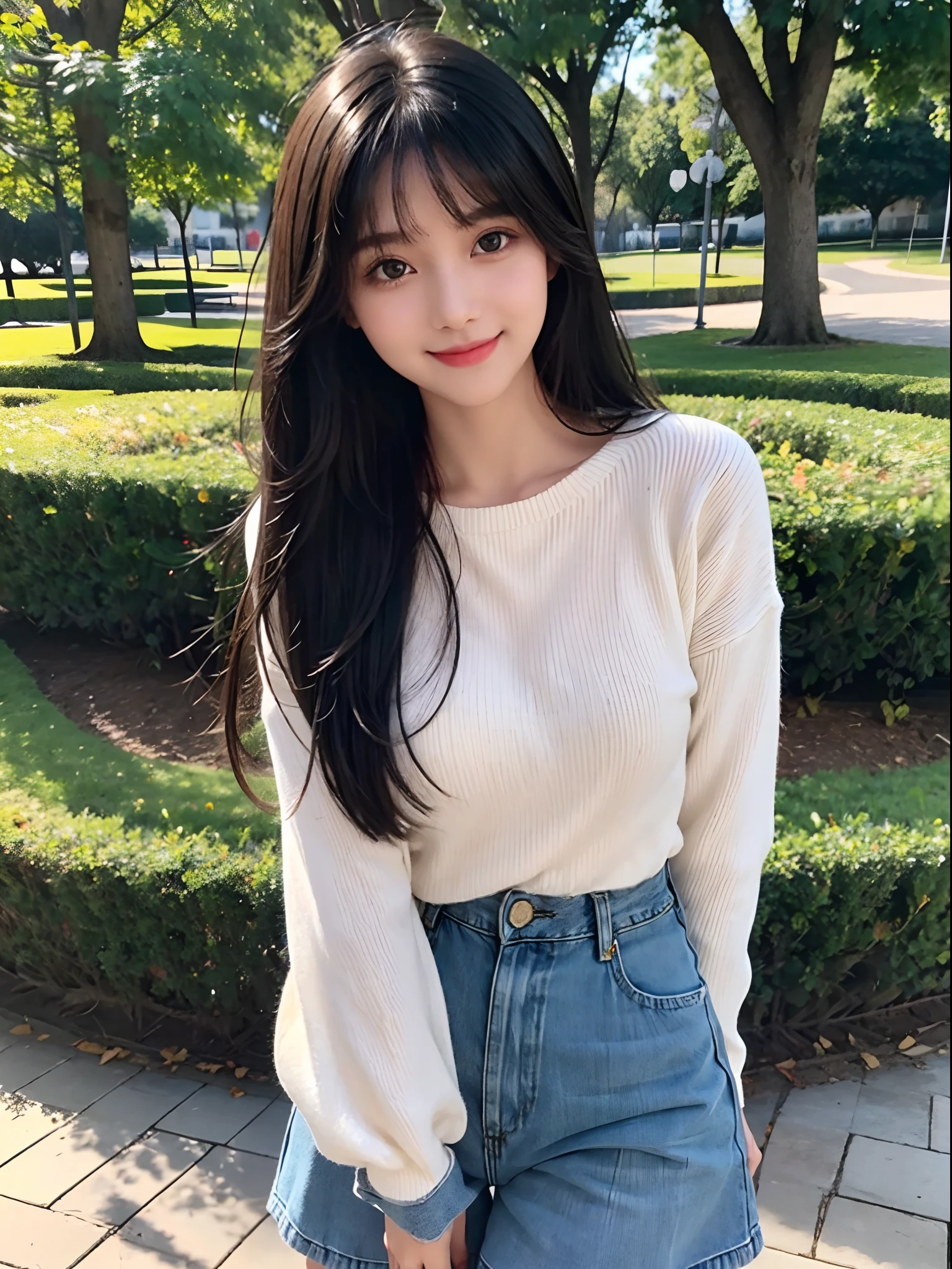 girl with1a person、cute face、delicated face、Coquettish smile、tthin eyebrows、beautidful eyes、Very long black hair、Silky long straight hair、Beautiful bangs、Delicate figure、Sweaters、Denim skirt、espadrilles、a park