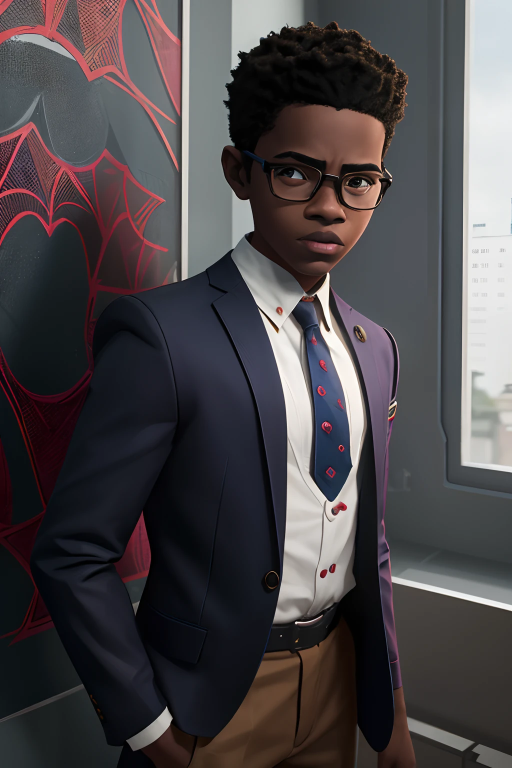 jovem garoto negro baixinho magro, , descolado, vestindo roupas modernas, arte conceitual do personagem, Estilo HQ, nerdy version of Miles Morales, personagem autoral