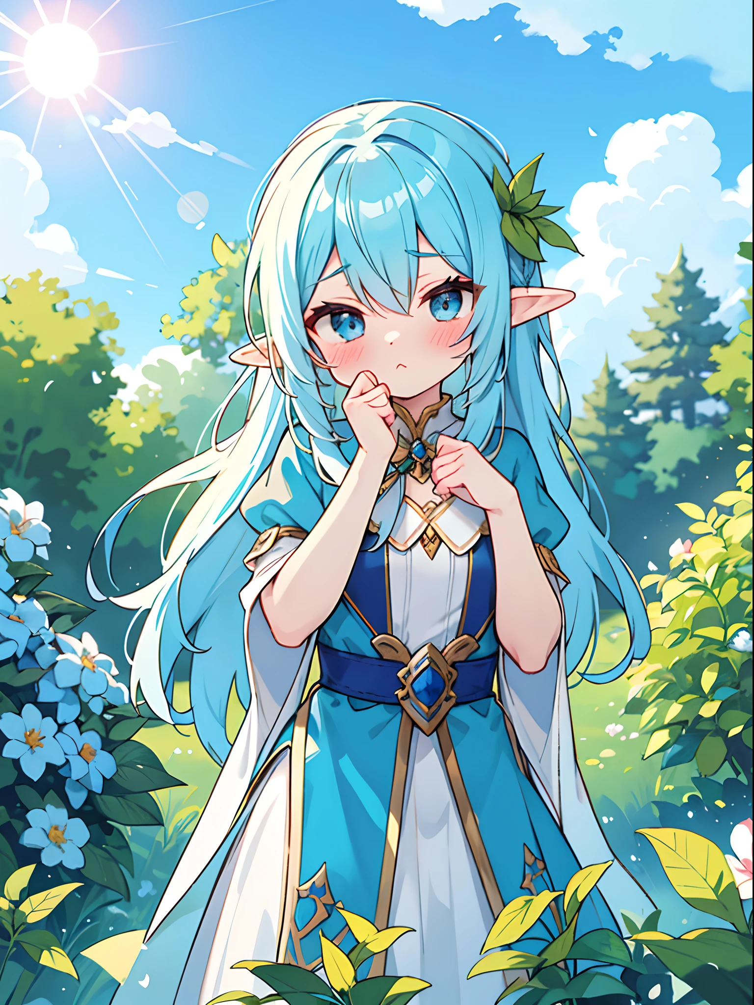 A very beautiful elf, with blue hair and she pout while blushing, she is not looking at the camera, a beautiful garden in the background with a bright sun, blue sky and clouds. romance, love, celluloid shading color style, 2D