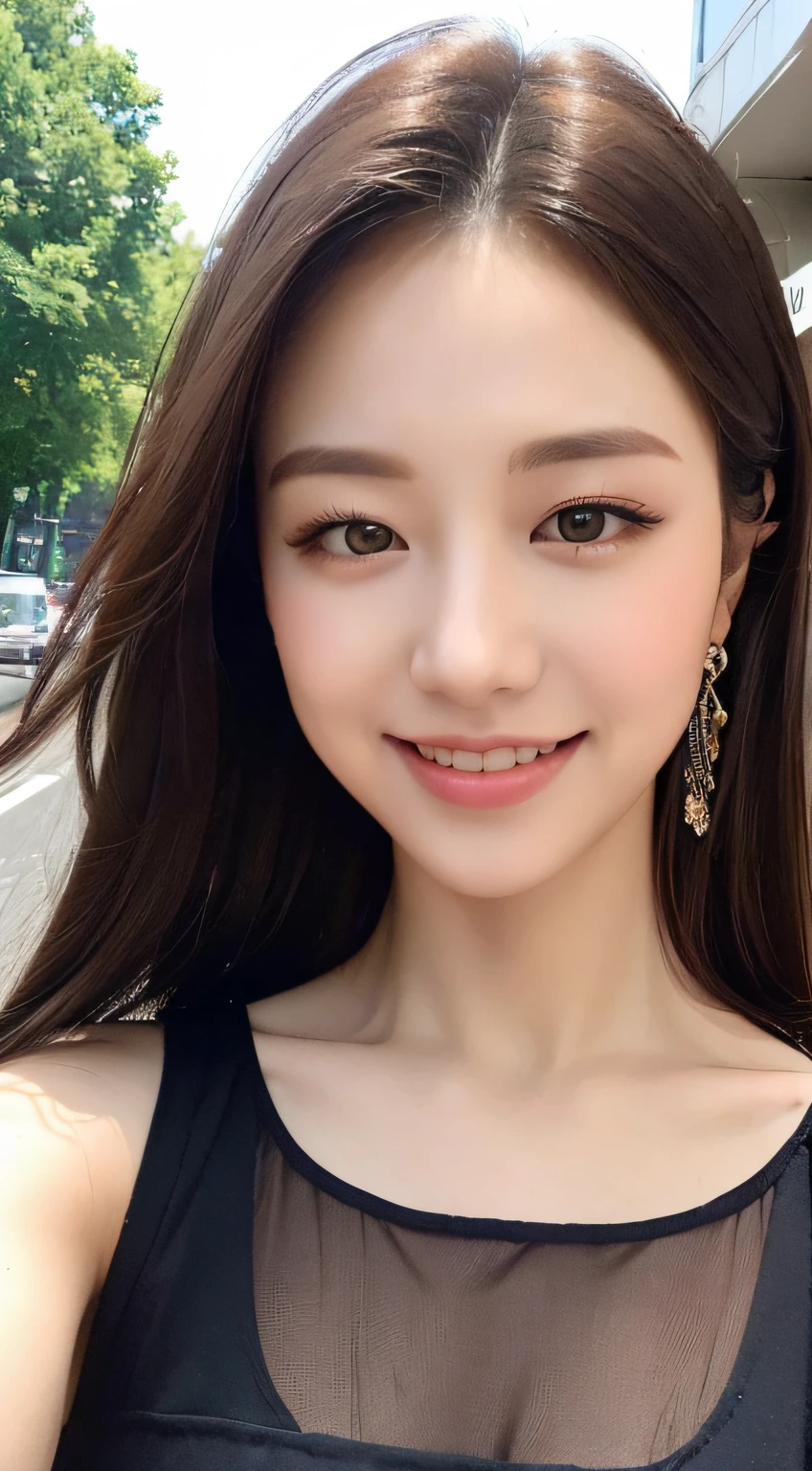 ((Best image quality, 8k, Masterpiece of:1.3)), 1 huge big breast, beautiful woman with slim abs:1.3, (Casual Hairstyles, :1.2), Sexy Dress,Ultra-fine face, Detailed eyes, double eyelid,smile,Take a photo with a cute pose,Very bad shape,Small waist,Busty,close,close chest,White skin,Street Background