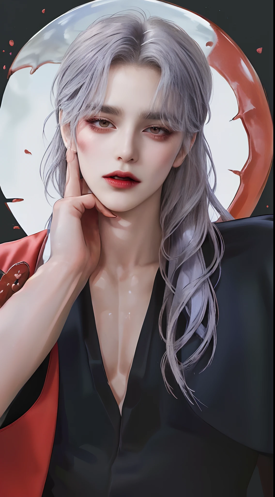 ((4K works))、​masterpiece、（top-quality)、((high-level image quality))、((one beautiful women))、Slim body、((Black Y Shirt Fashion))、(Detailed beautiful eyes)、Black background、((Face similar to Chaewon in Ruseraphim))、((Long hair half up hairstyles))、((bright silver hair))、((Smaller face))、((Neutral face))、((Bright red glowing eyes))、((Korean Women))、((18year old))、((Wild Lady))、((Glaring at him with a savage look))、((Korean makeup with black eyeshadow))、((elongated and sharp eyes))、((Shot alone))、((Vampires))、((Vampire Woman))