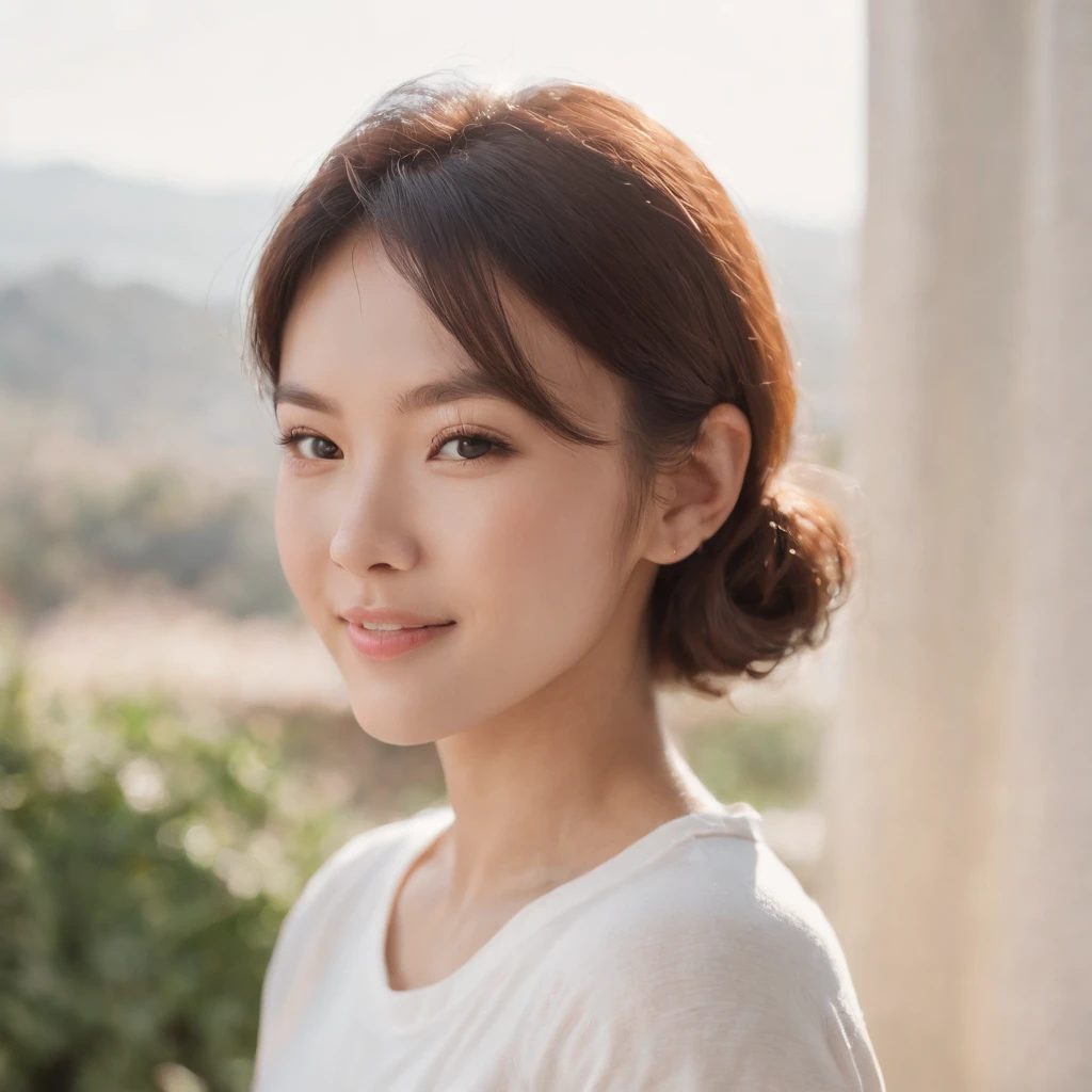 xxmixgirl, (photo: 1.3) af (real: 1.3), East Asian woman, soft light, clear face, front, ((white T-shirt)), cheerful, warm light, ((off-white gradient background)), smile , ((monochrome background)), avatar, (short hair), beautiful, young,, short hair, ((close-up)), ((simple background)), 35mm photo, film, professional, 4k, high detail, front view, very detailed, half-length shot, soft style, pastel tones, kodak plus-x, soft light portrait, lens flare, rolleiflex 2.8f, symmetry, california impressionism, (close-up)