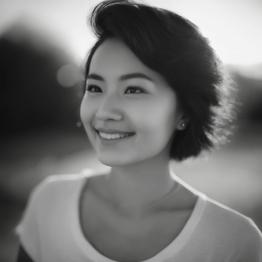 xxmixgirl, (photo: 1.3) af (real: 1.3), East Asian woman, soft light, clear face, front, ((white T-shirt)), cheerful, warm light, ((off-white gradient background)), smile , ((monochrome background)), avatar, (short hair), beautiful, young,, short hair, ((close-up)), ((simple background)), 35mm photo, film, professional, 4k, high detail, front view, very detailed, half-length shot, soft style, pastel tones, kodak plus-x, soft light portrait, lens flare, rolleiflex 2.8f, symmetry, california impressionism, (close-up)