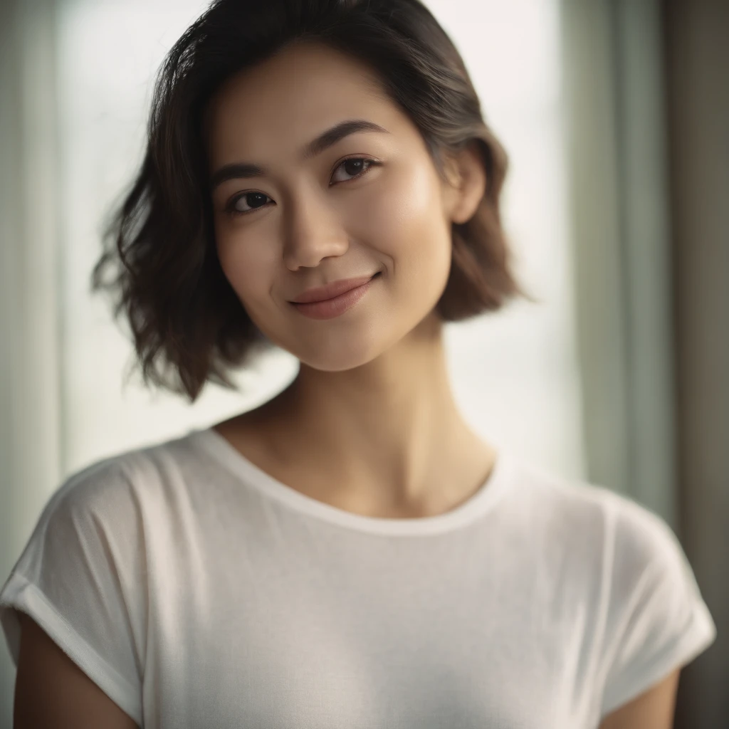 xxmixgirl, (photo: 1.3) af (real: 1.3), East Asian woman, soft light, clear face, front, ((white T-shirt)), cheerful, warm light, ((off-white gradient background)), smile , ((monochrome background)), avatar, (short hair), beautiful, young,, short hair, ((close-up)), ((simple background)), 35mm photo, film, professional, 4k, high detail, front view, very detailed, half-length shot, soft style, pastel tones, kodak plus-x, soft light portrait, lens flare, rolleiflex 2.8f, symmetry, california impressionism, (close-up)