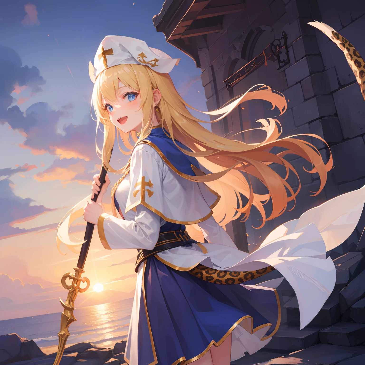 Best Quality, High resolution, cinematic lighting, 8K, masterpiece, (1 girl has a tail:1.3),(tail : leopard), blonde hair, long hair, blue eyes, holding Sacred Staff BREAK (white priest clothes:1.2), tall hats BREAK blue skirt, standing, open mouth, smile, hand sign, scenery, look at viewer