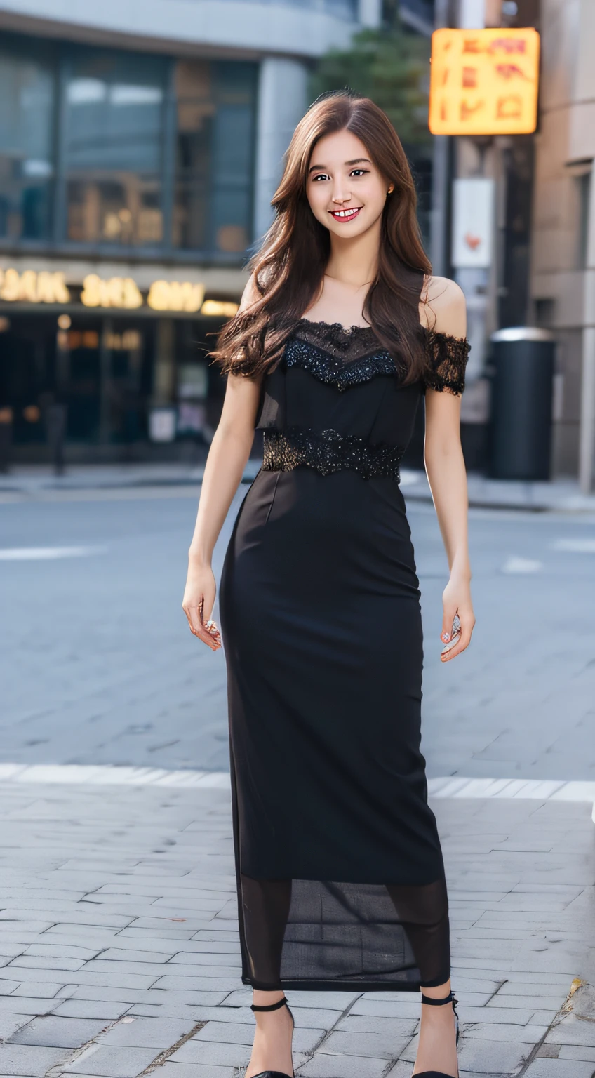 ((Best quality, 8k, Masterpiece :1.3)), 1girl, smiling, full body, slim face, Pretty woman, (Dark brown hair), full length dress :1.1, Ultra-detailed face, Detailed eyes, Double eyelid, blur background, slim face, city, outside, street,