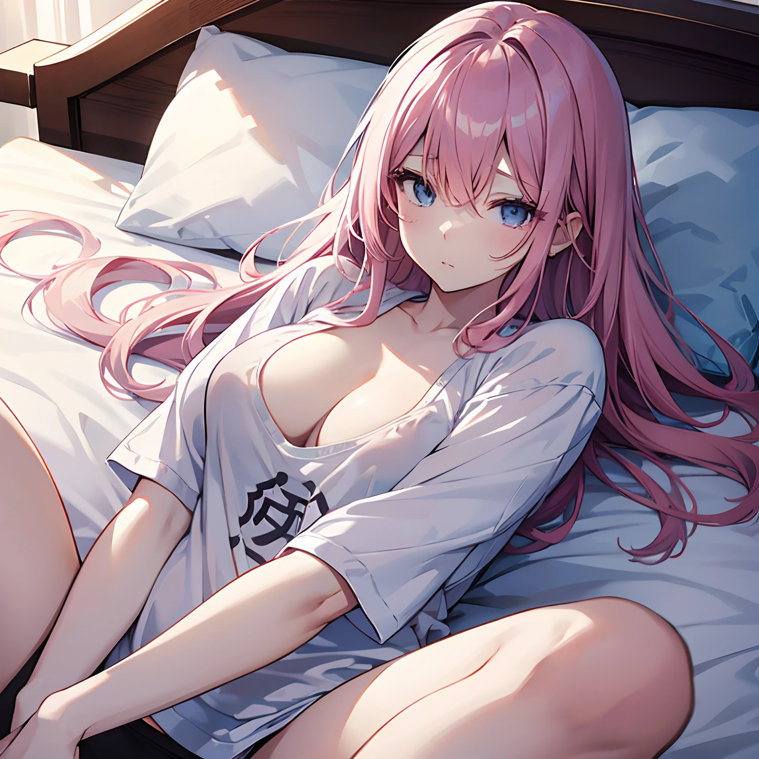 Woman lying on bed、Long pink hair、light blue eyes、large full breasts、One Woman、Big white T-shirt、no-bra、No underwear、top-quality、Sleepy face