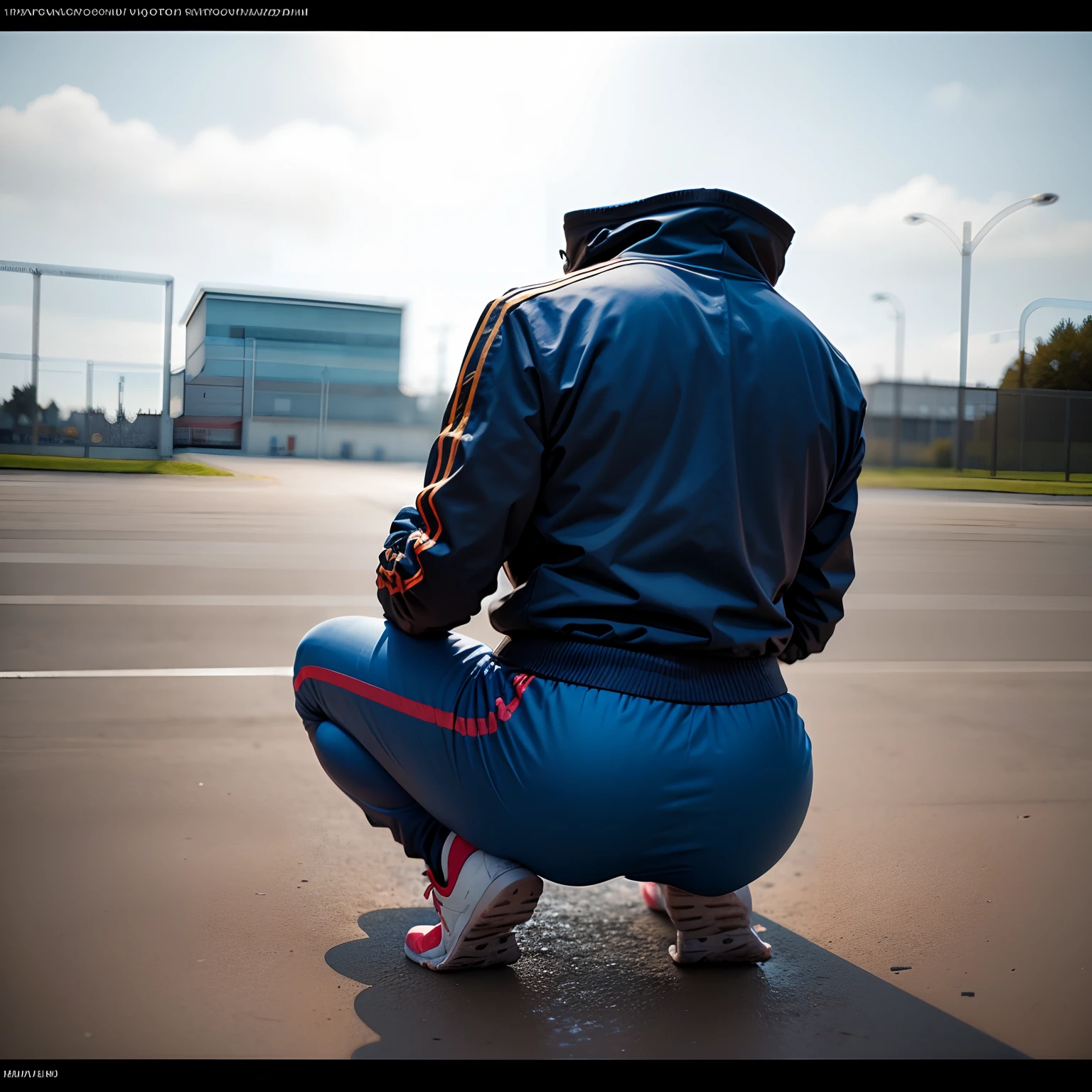 school tracksuits, ((invisible, no humans:1.5, headless:1.5, handless, legless)), (detailed), (photo realistic:2), (photon mapping), (8k), (squat), from behind