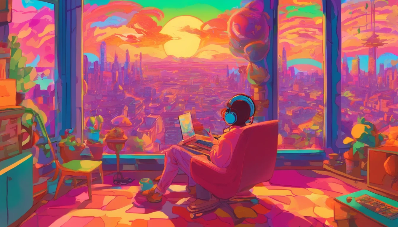 portlate、512、lo fi、Girl in headphones sitting on a chair、Take a nap at your desk、Eyes closed、City view outside the window、early evening、PastelColors、Painting