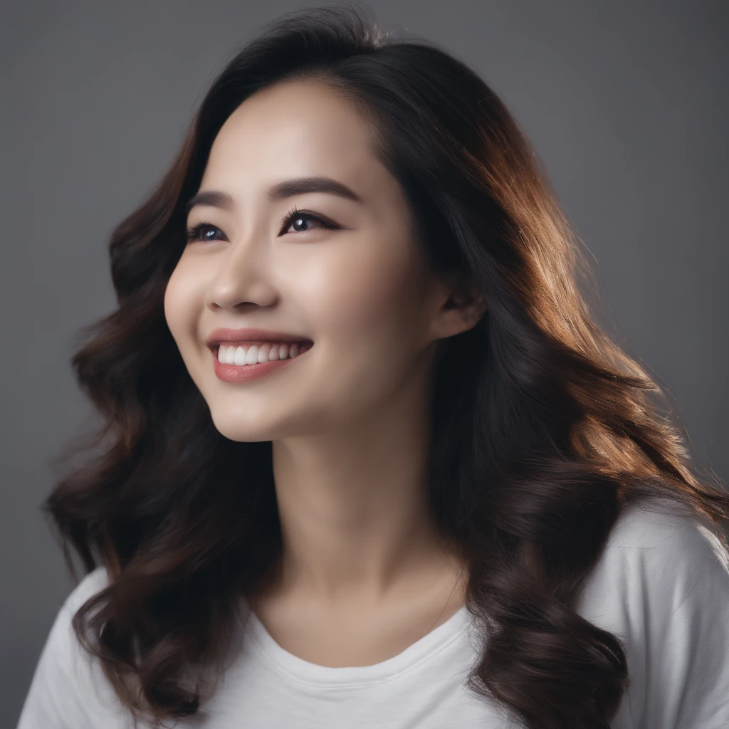 (Photo: 1.3) af (Real: 1.3), East Asian woman, soft light, clear face, front, ((white T-shirt)), cheerful, warm light, ((gray white gradient background)), smile, ( (Single color background)). ((gray wall background)) avatar, (fashion hairstyle), beautiful, young, long hair, ((close-up))