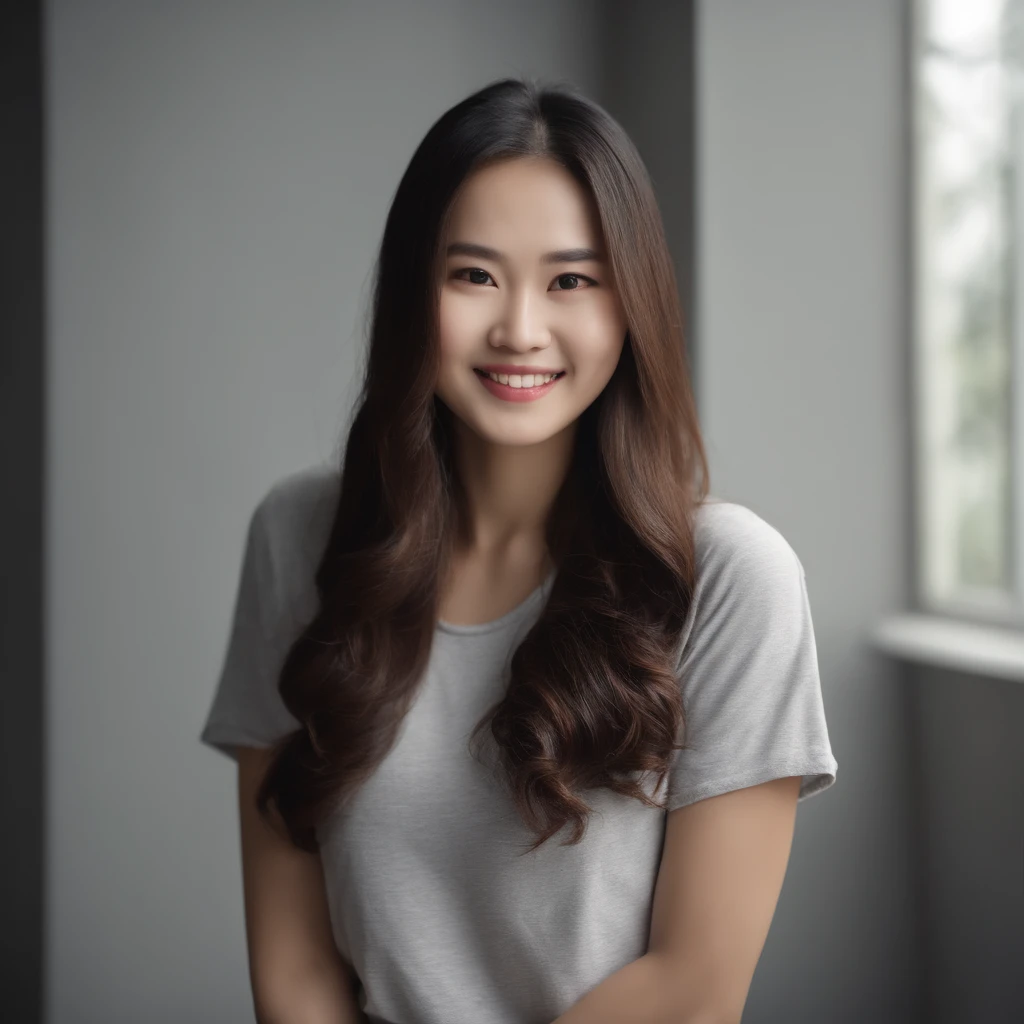 4k high quality, bedroom, 3 point lighting, cinematic photo shoot, soft lighting, realistic lighting,  girl, Korean girl with beautiful body, beautiful face, wearing sport shorts, t-shirt, slim body, smiling at camera, seductive pose, full body shot