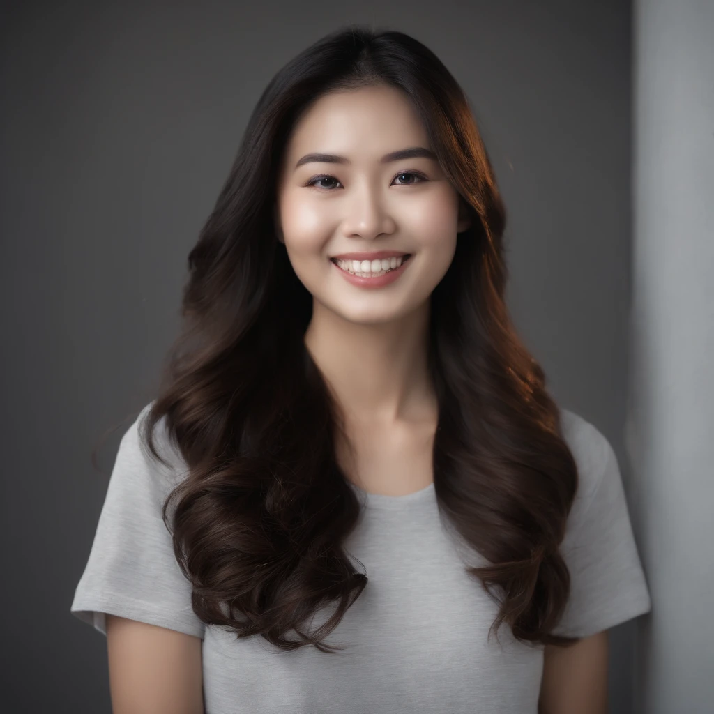 (Photo: 1.3) af (Real: 1.3), East Asian woman, soft light, clear face, front, ((white T-shirt)), cheerful, warm light, ((gray white gradient background)), smile, ( (Single color background)). ((gray wall background)) avatar, (fashion hairstyle), beautiful, young, long hair, ((close-up))