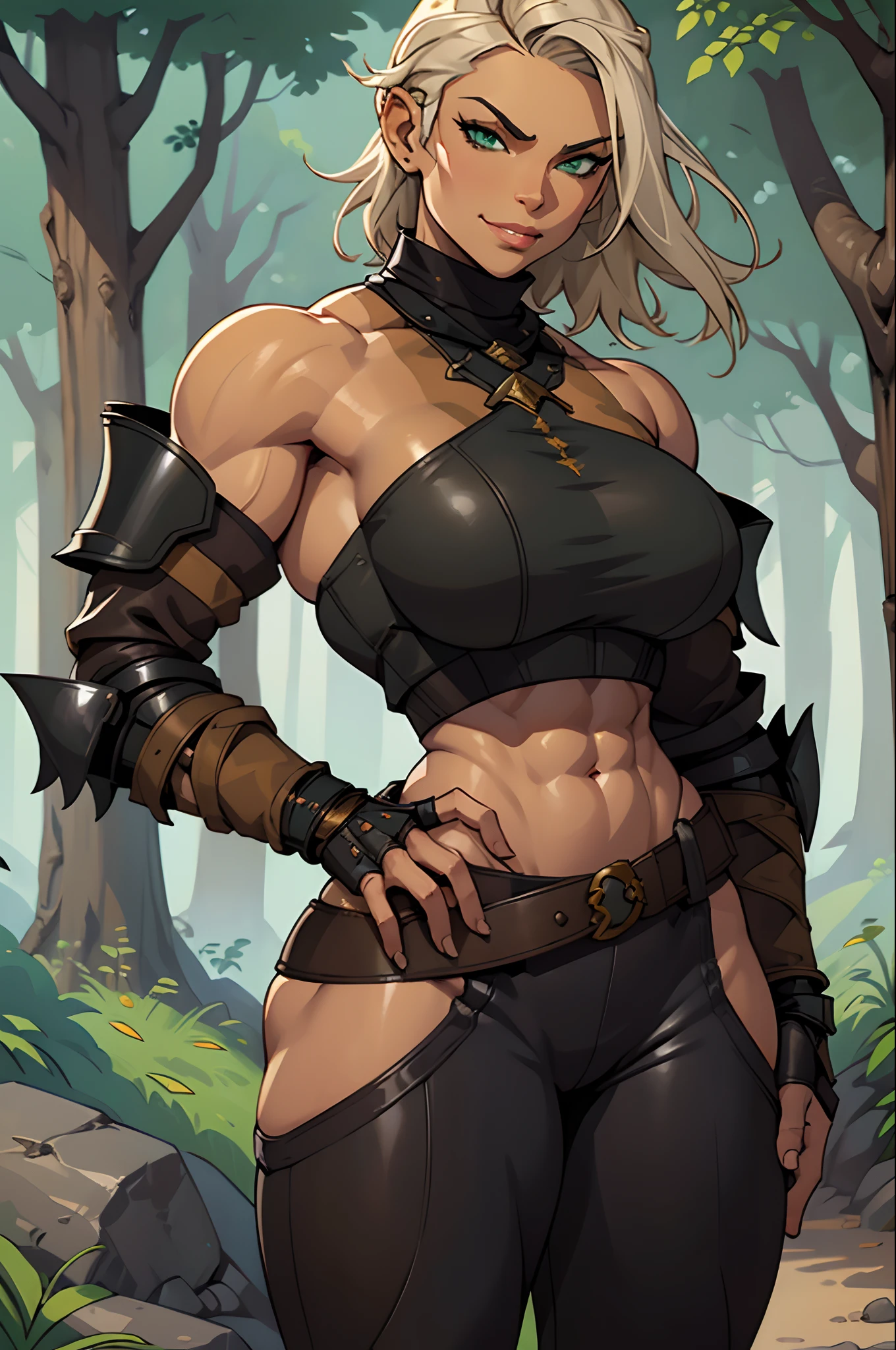 Solo, female, slightly muscular, slightmuscle, ((bandit, black leather armor)), ((cream hair)), thick lips, big lips, scars, wicked smirk, big green eyes, fantasy outfit, forest, pants, ((tan skin)), cropped jacket, modest clothing