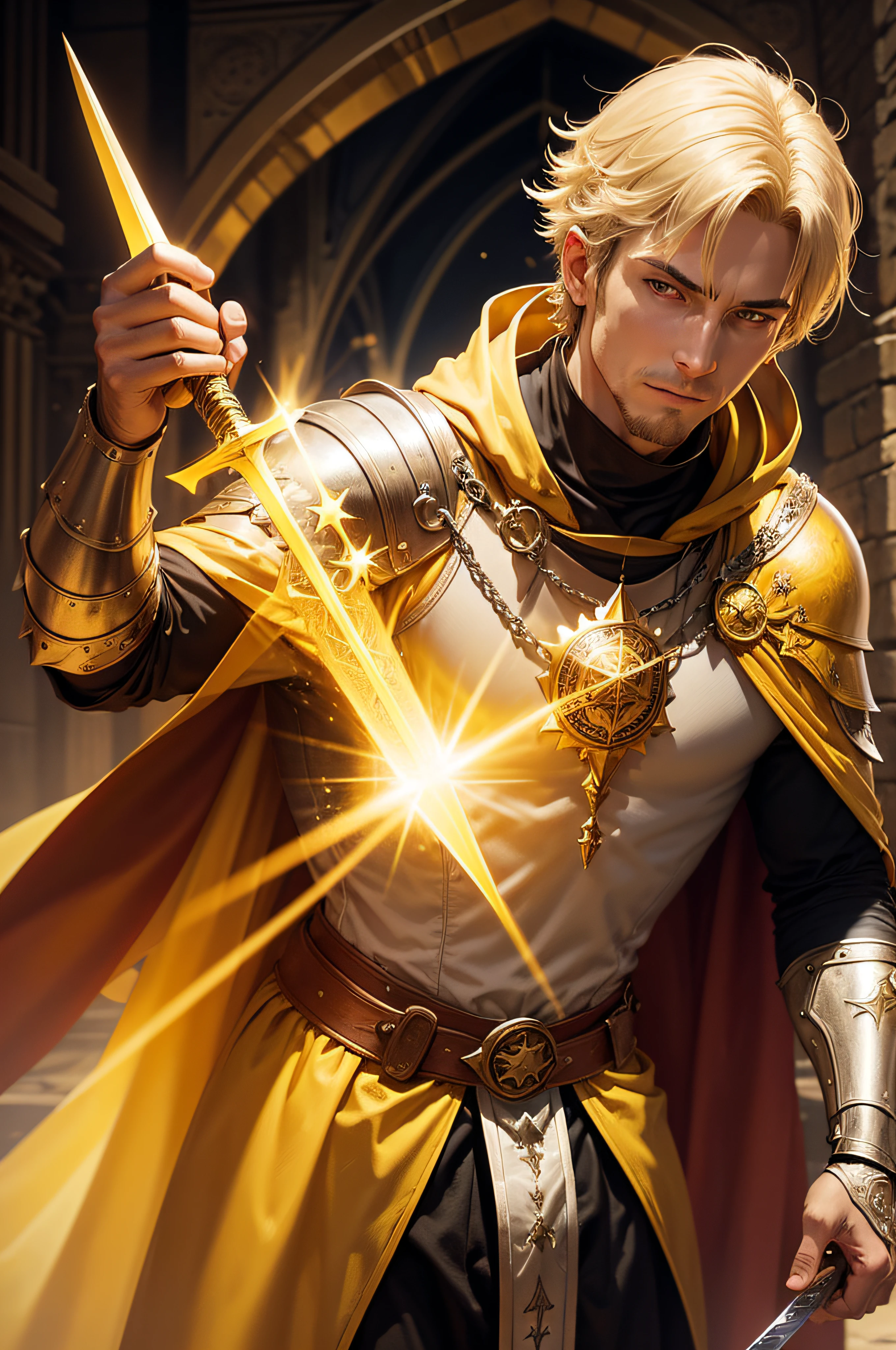 A man in a yellow cloak holding a sword, graphic artist picture of a male cleric, male KNIGHT, dragon lance illustration, holy sword in his hands, king in yellow with a sun symbol and star of David in his chest.