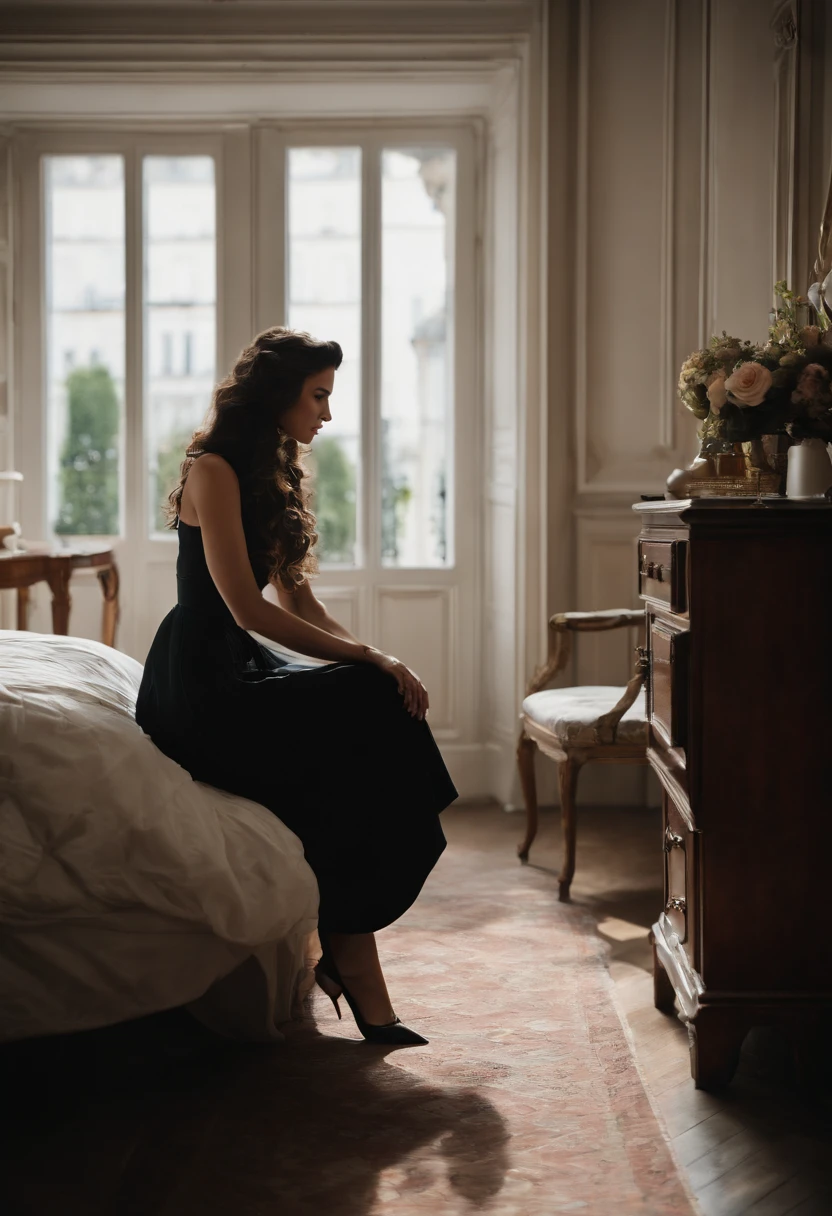 Alafi sat in a chair in the room，There are a lot of shoes on the floor, Black hair, Black dress, Sitting in a French apartment, sitting in her room, Paris hotel style, sitting in bedroom, Sit across the room, author：Emma Andievska, in her room, Sit at Louis XIV's desk, author：Lucette Barker, summer morning, Sitting on the bed