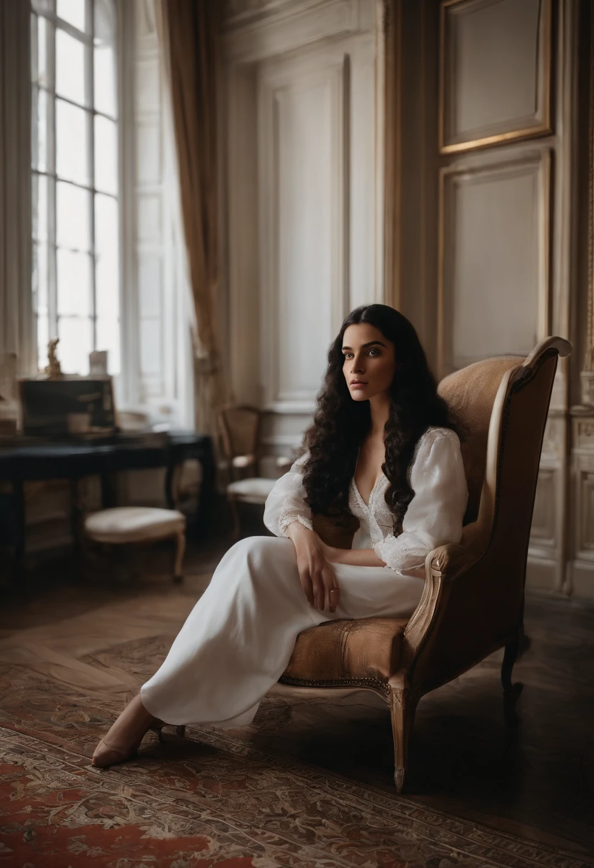 Alafi sat in a chair in the room,There are a lot of shoes on the floor, Black hair, Black dress, Sitting in a French apartment, sitting in her room, Paris hotel style, sitting in bedroom, Sit across the room, author:Emma Andievska, in her room, Sit at Louis XIV's desk, author:Lucette Barker, summer morning, Sitting on the bed