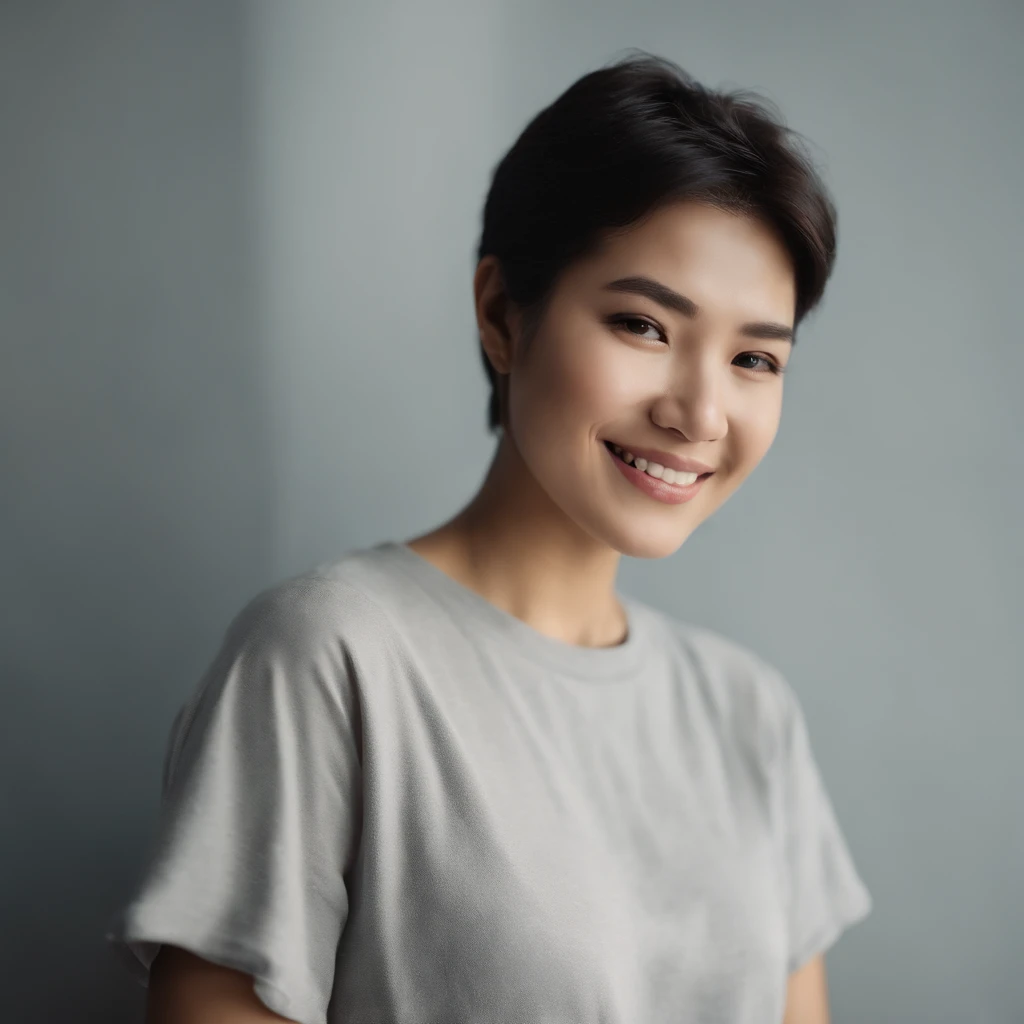 xxmixgirl, (photo: 1.3) af (real: 1.3), East Asian woman, soft light, clear face, front, ((white T-shirt)), cheerful, warm light, ((off-white gradient background)), smile , ((monochrome background)), avatar, (short hair), beautiful, young,, short hair, ((close-up)), ((simple background)), 35mm photo, film, professional, 4k, high detail, front view, very detailed, half-length shot, soft style, pastel tones, kodak plus-x, soft light portrait, lens flare, rolleiflex 2.8f, symmetry, california impressionism, (close-up)