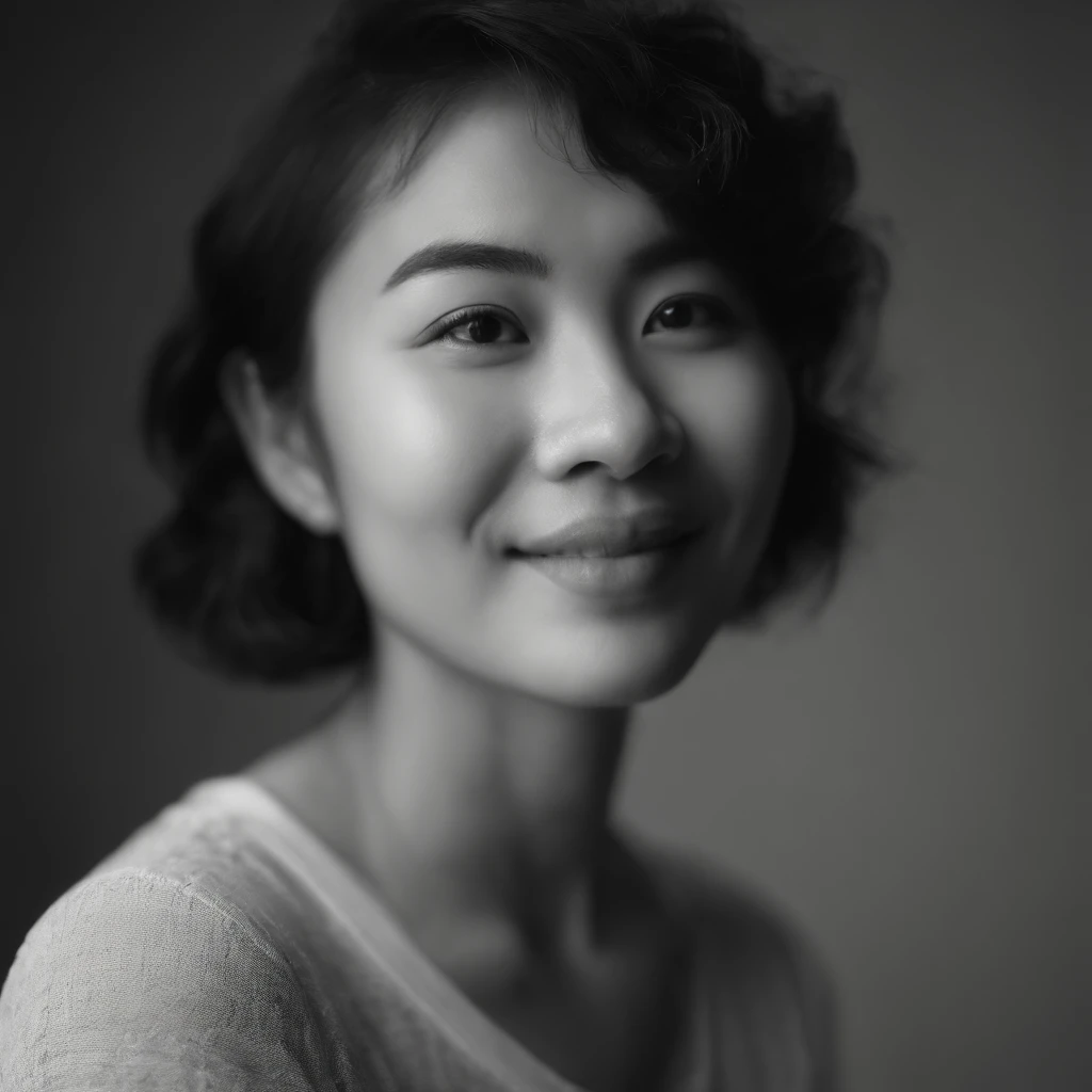 xxmixgirl, (photo: 1.3) af (real: 1.3), East Asian woman, soft light, clear face, front, ((white t-shirt)), cheerful, warm light, smile, ((monochrome background)) , avatar, (short hair), beautiful, young,, short hair, ((close-up)), ((simple background)), 35mm photo, film, professional, 4k, high detail, front view, very detailed, half-length shot, soft style, pastel tones, kodak plus-x, soft light portrait, lens flare, rolleiflex 2.8f, symmetry, california impressionism, ((gray gradient background)), (close-up)