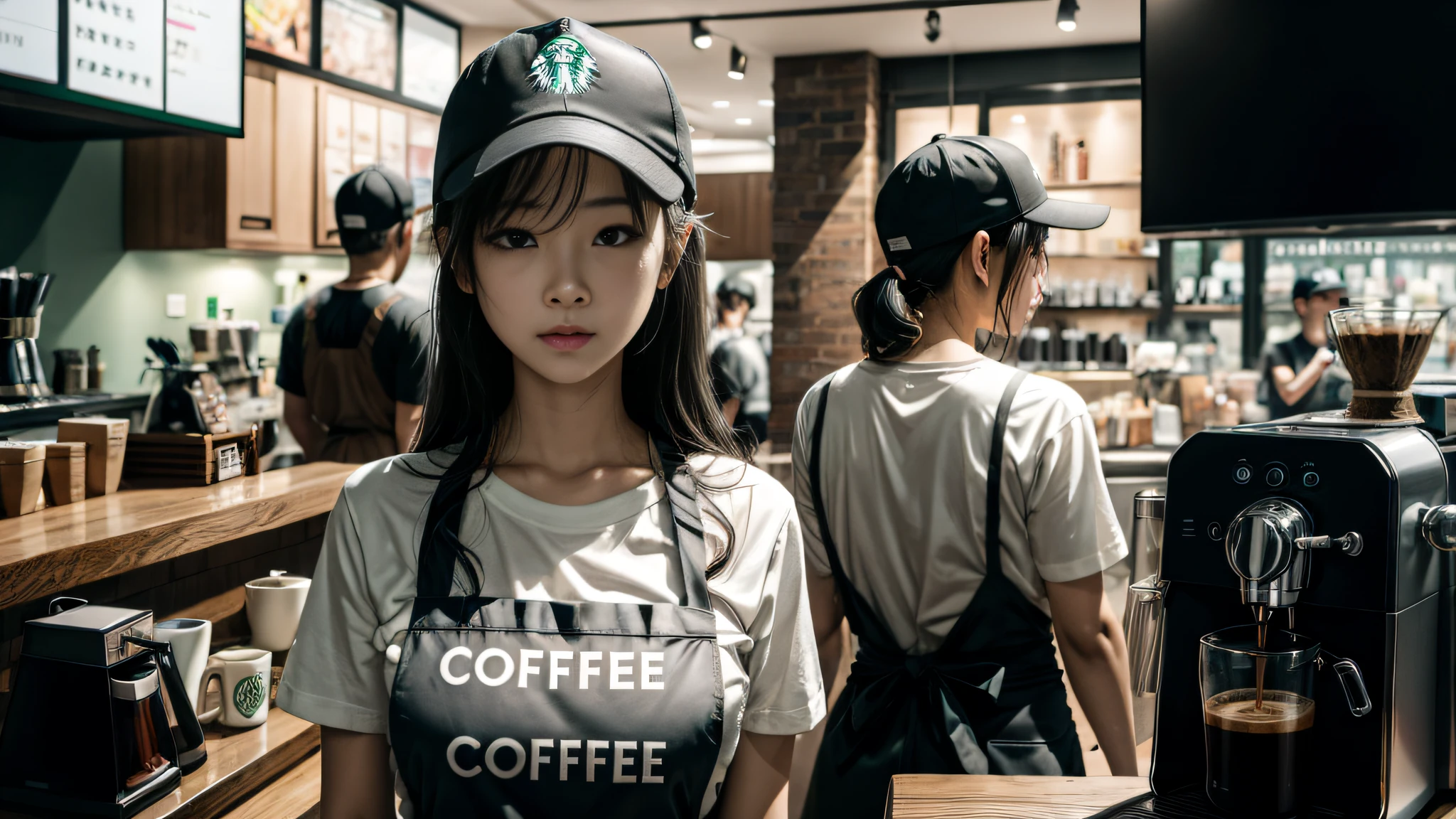 A girl in a black Starbucks uniform makes coffee,White short sleeve lining,(The palm does not appear 1.5),Wearing a baseball cap on his head,Clothes and skin are soaked all over,(wetclothes:1.8),Reflective skin,Sweaty skin,high high quality、tmasterpiece、Hyper-Resolution、barechested、NAKED Apron、wearing apron、Half-body mirror,