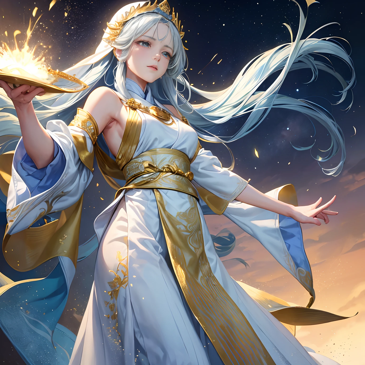 wearing white dress、Alafid woman wearing veil and white mask, ((beautiful fantasy queen)), White Hanfu, beautiful fantasy queen, White and gold priestess robe, Queen of the Sea Mu Yanling, ancient white clothes, Ethereal details, Beautiful and elegant elf queen, Intricate white and gold armor, Dreamy intricate long gown
