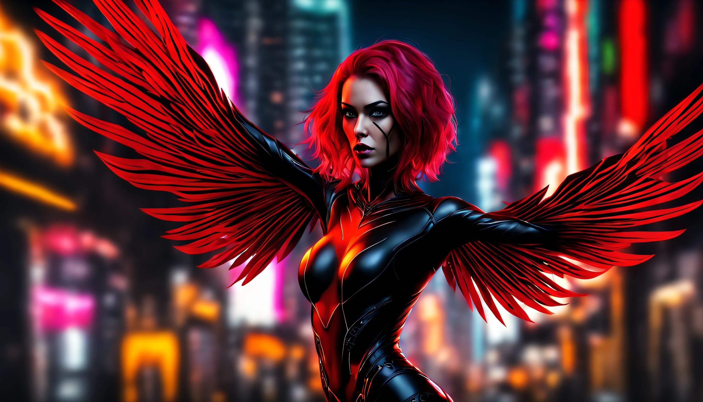 Ultra-detailed shot of an attractive and provocative evil fallen woman in black and red tattooed sexy with cybernetic wings, gransonrisa cruel, Sosteniendo un arma, ((cuerpo completo:1.2)) Parece loca, Pelo largo y pelirrojo en movimiento, Action and pose, Cybernetic prostheses available, Una cicatriz profunda, Pose atractiva y provocativa, (((peinado bob medio afeitado))) Ultra-futuristic city with neon lights, colores muy brillantes, fotografiado por MSchiffer, renderizado 3D Realista, (high saturation:1.3) colores contrastantes, noche lluviosa